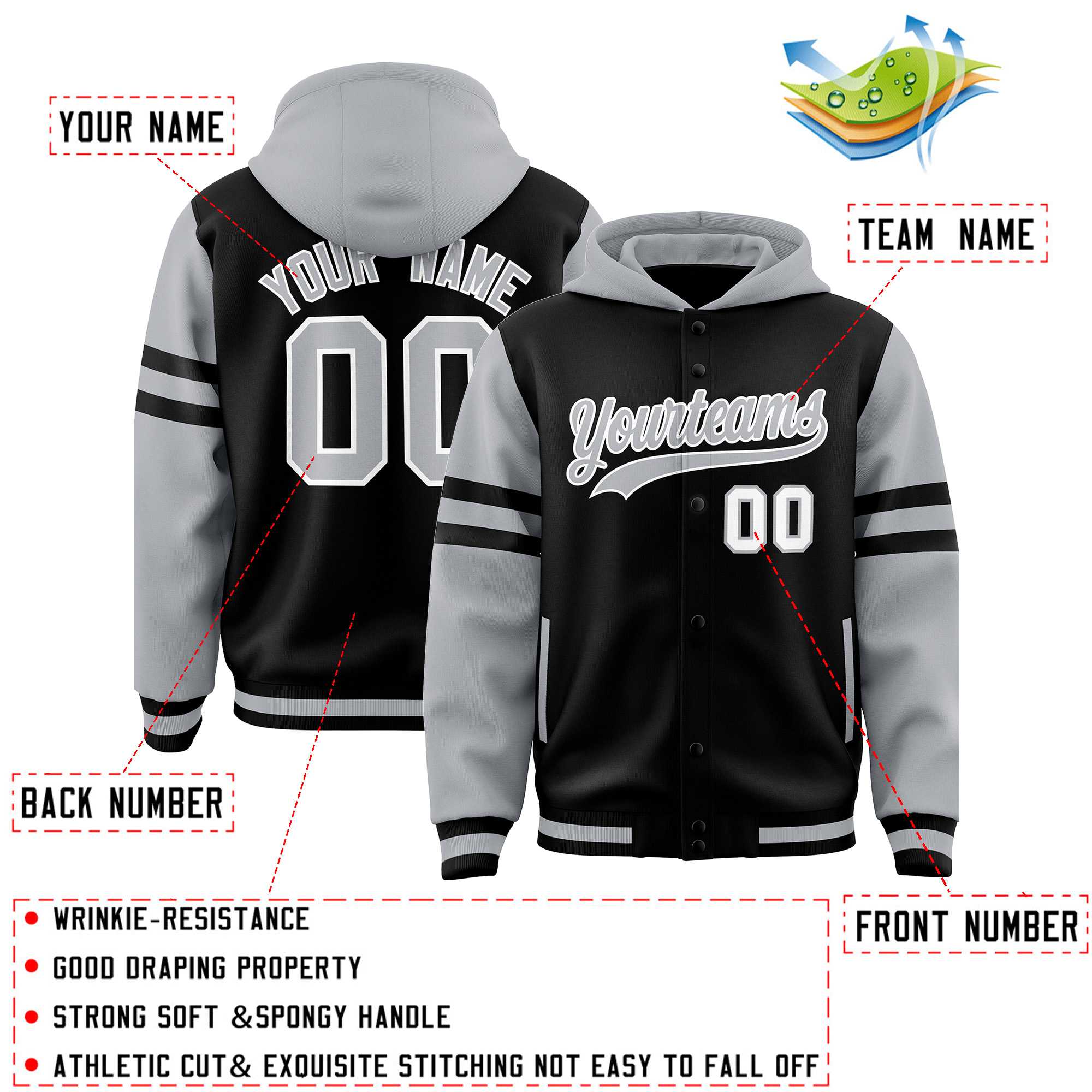 Custom Black Silver Raglan Sleeves Varsity Full-Snap Letterman Three Stripes Jacket Hoodie| KXKSHOP