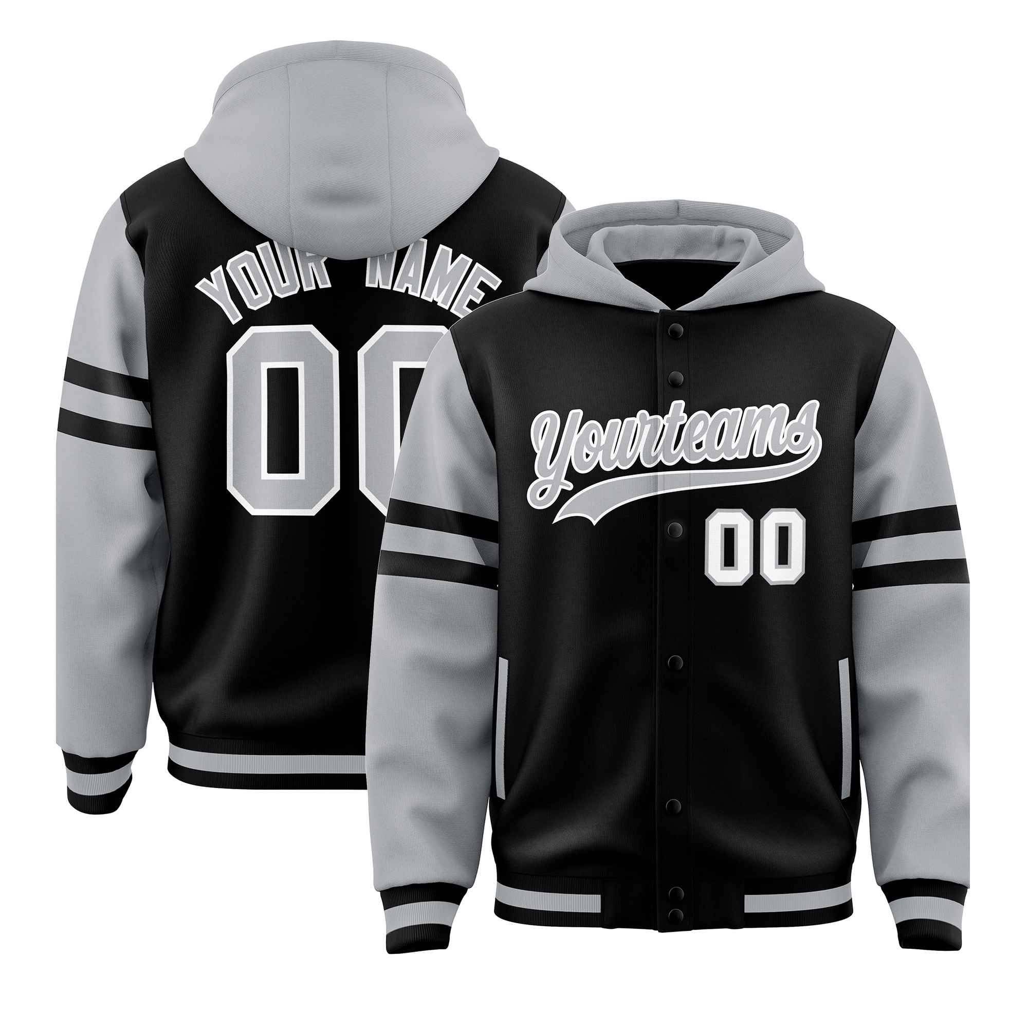 Custom Black Silver Raglan Sleeves Varsity Full-Snap Letterman Three Stripes Jacket Hoodie| KXKSHOP