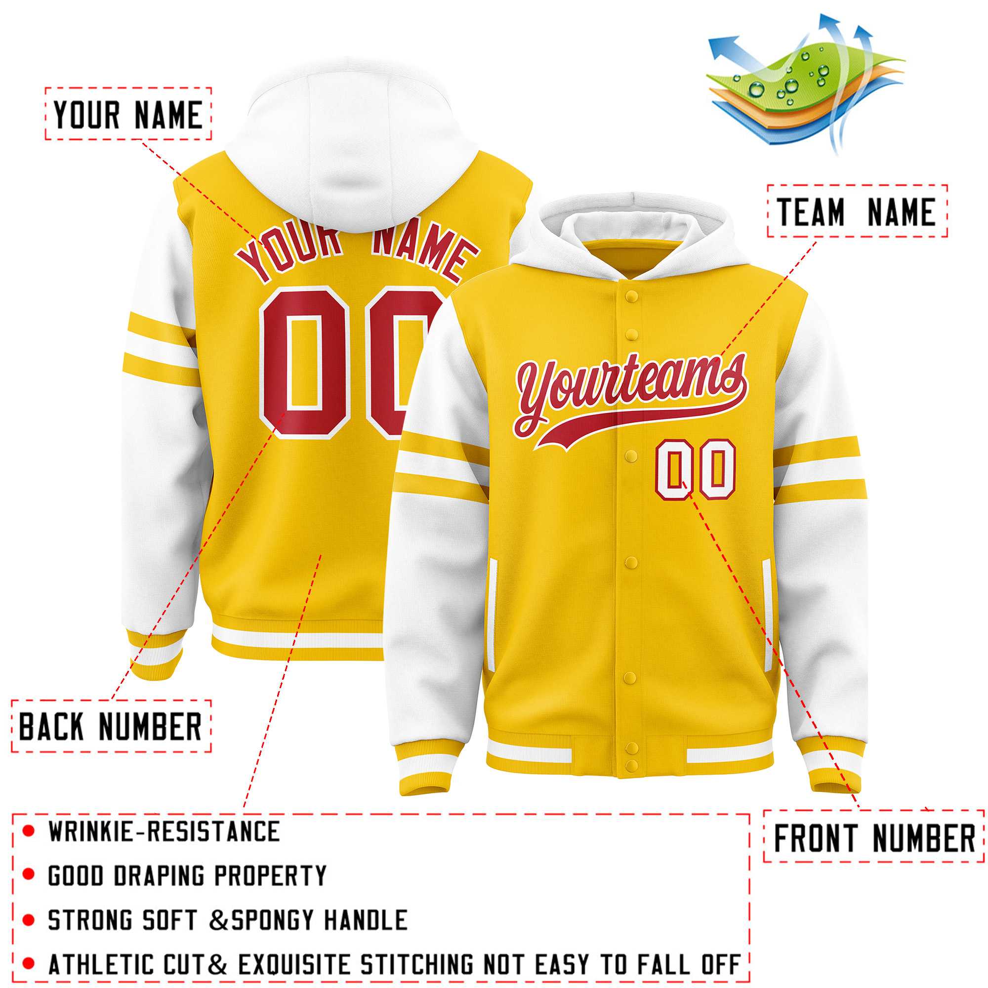 Custom Gold White Raglan Sleeves Varsity Full-Snap Letterman Three Stripes Jacket Hoodie| KXKSHOP
