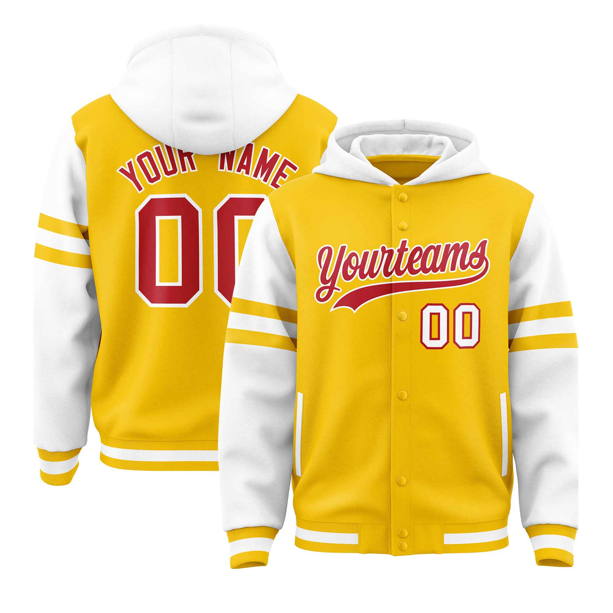 Custom Gold White Raglan Sleeves Varsity Full-Snap Letterman Three Stripes Jacket Hoodie| KXKSHOP