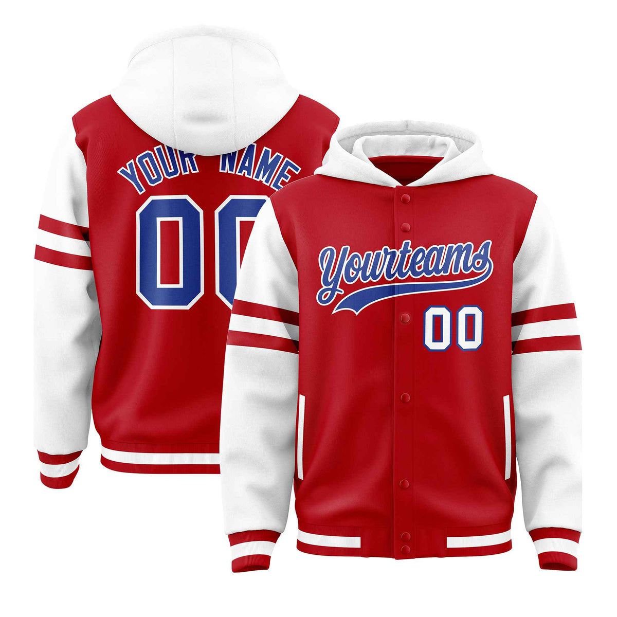 Custom Red White Raglan Sleeves Varsity Full-Snap Letterman Three Stripes Jacket Hoodie| KXKSHOP
