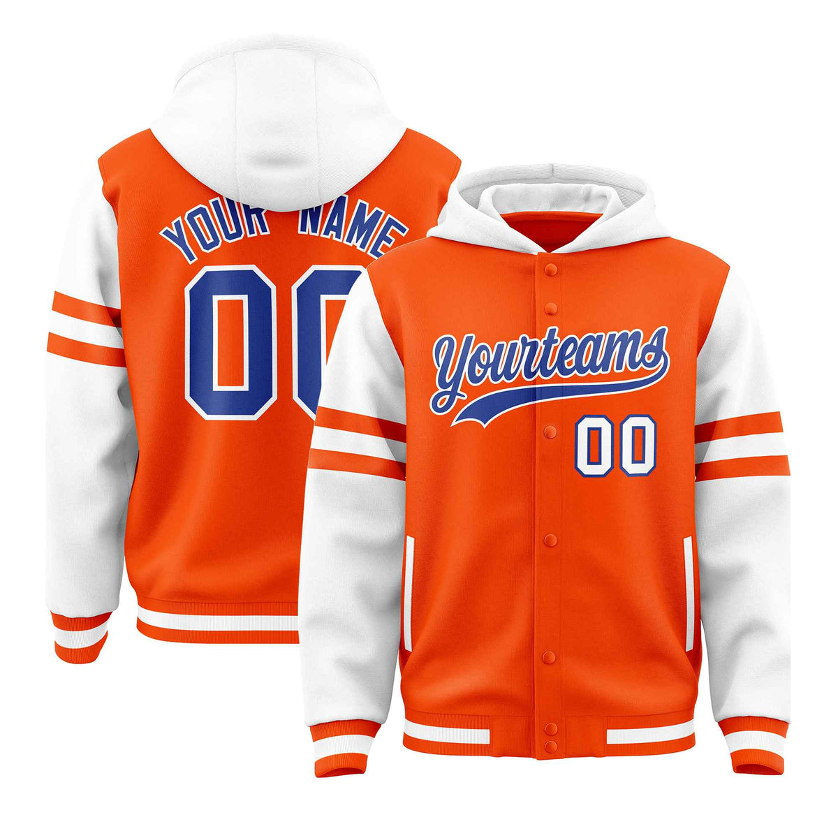 Custom Orange White Raglan Sleeves Varsity Full-Snap Letterman Three Stripes Jacket Hoodie| KXKSHOP