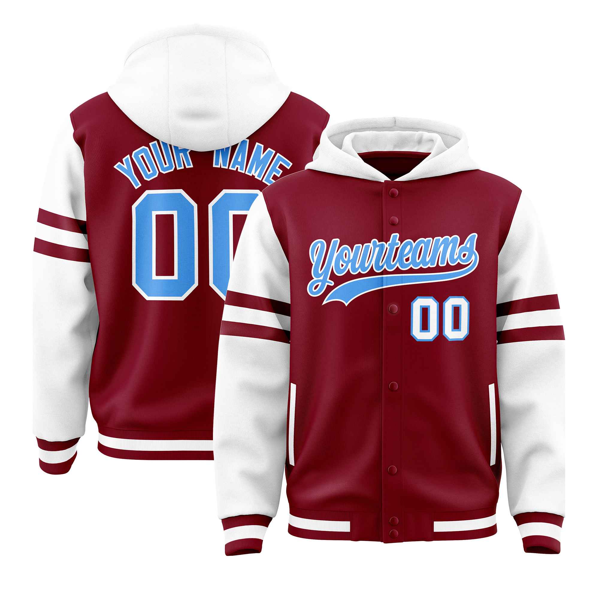 Custom Crimson White Raglan Sleeves Varsity Full-Snap Letterman Three Stripes Jacket Hoodie| KXKSHOP