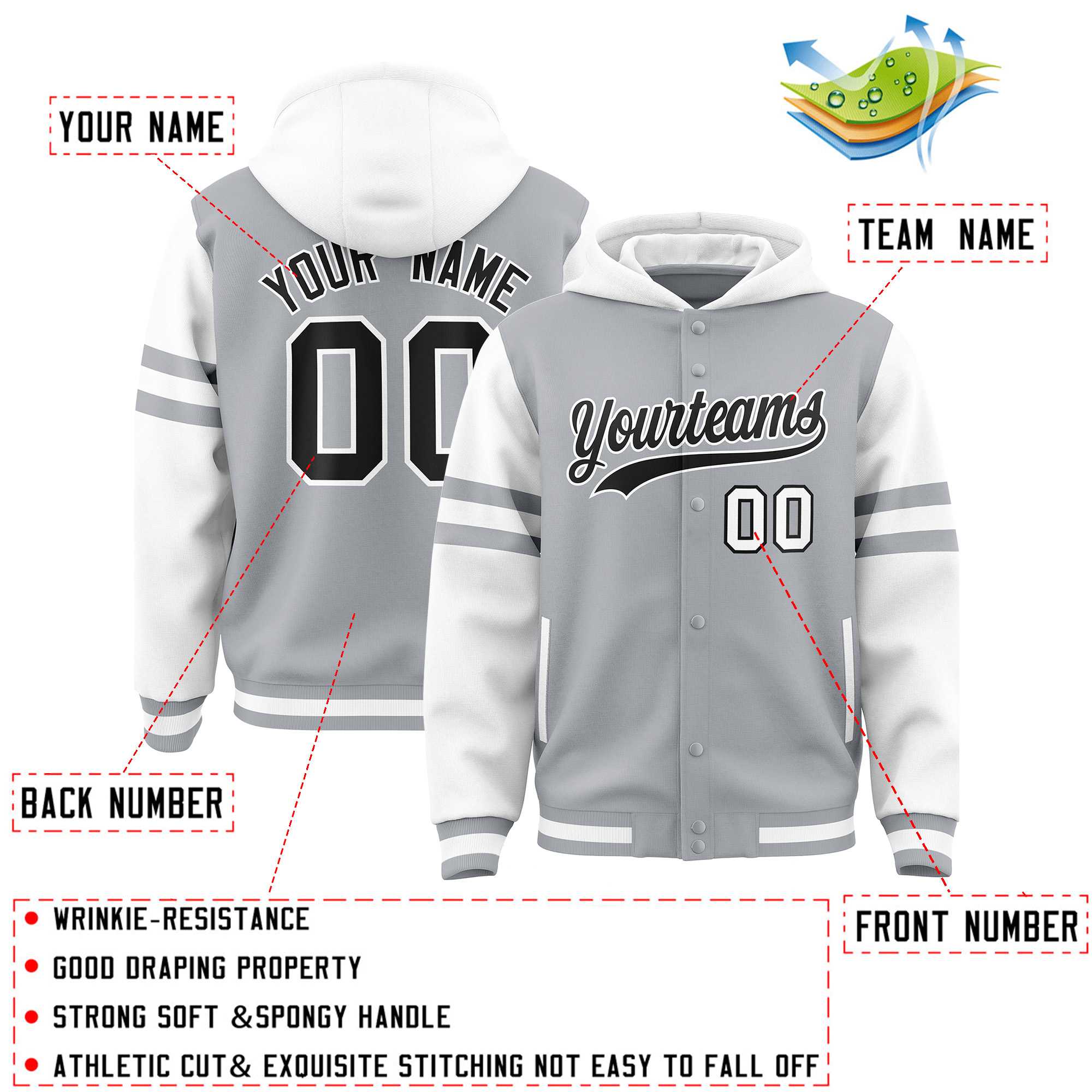 Custom Silver White Raglan Sleeves Varsity Full-Snap Letterman Three Stripes Jacket Hoodie| KXKSHOP