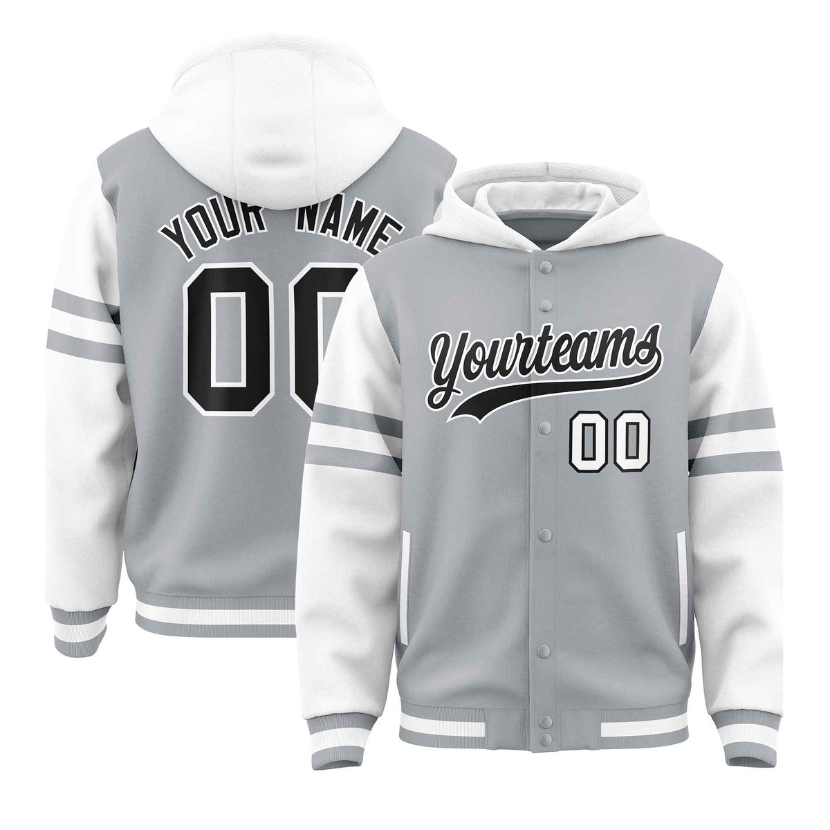 Custom Silver White Raglan Sleeves Varsity Full-Snap Letterman Three Stripes Jacket Hoodie| KXKSHOP