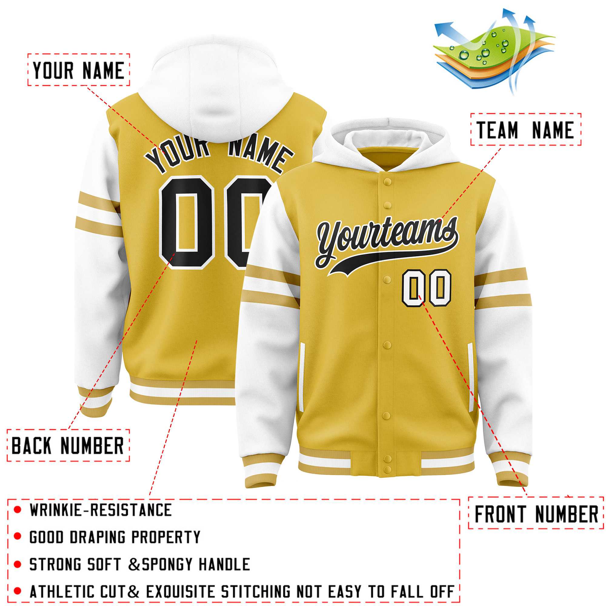 Custom Old Gold White Raglan Sleeves Varsity Full-Snap Letterman Three Stripes Jacket Hoodie| KXKSHOP