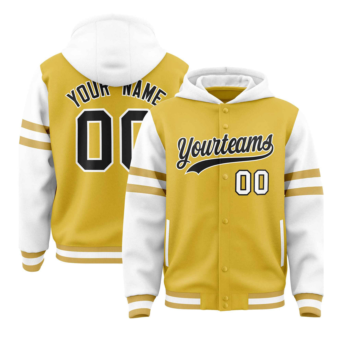 Custom Old Gold White Raglan Sleeves Varsity Full-Snap Letterman Three Stripes Jacket Hoodie| KXKSHOP