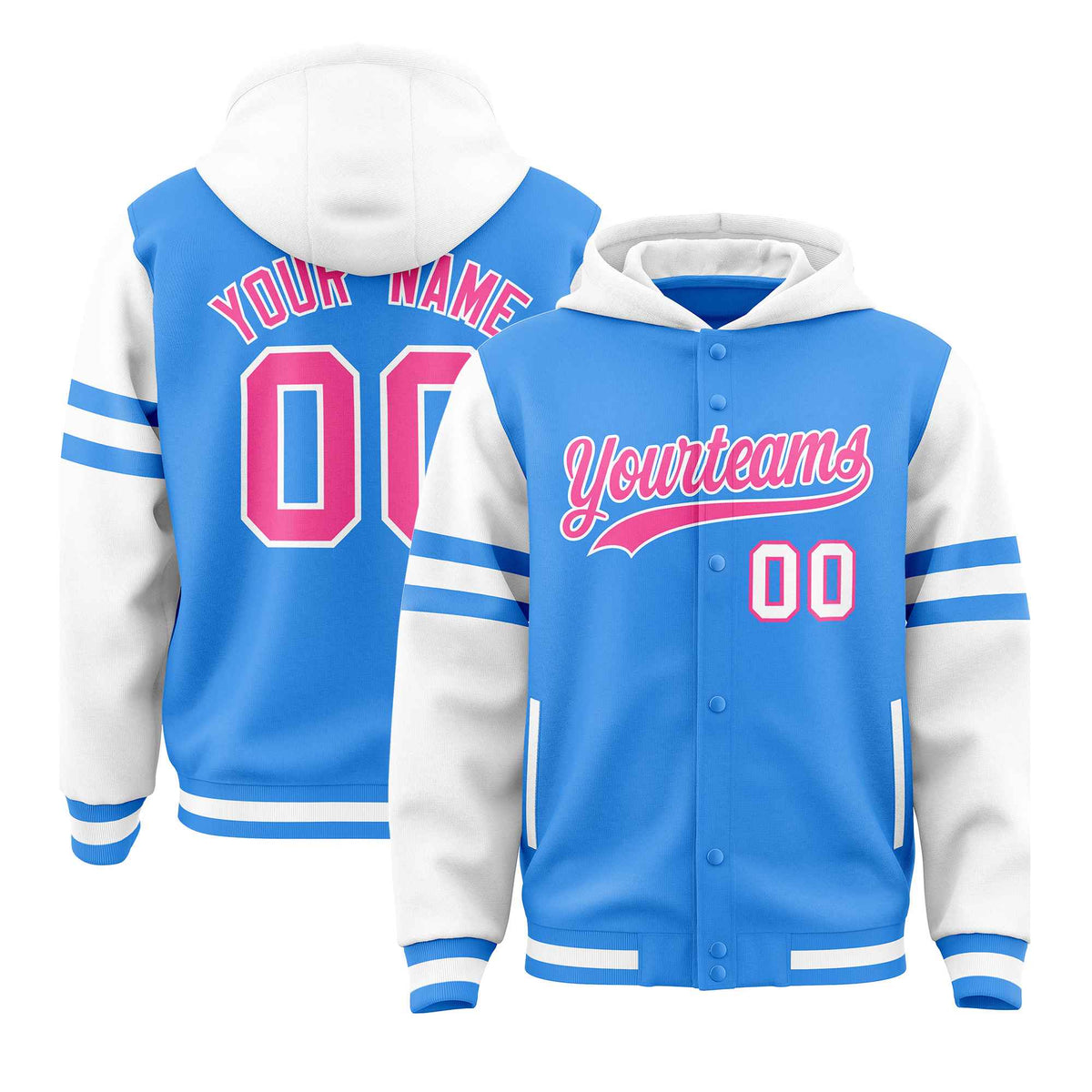 Custom Powder Blue White Raglan Sleeves Varsity Full-Snap Letterman Three Stripes Jacket Hoodie| KXKSHOP