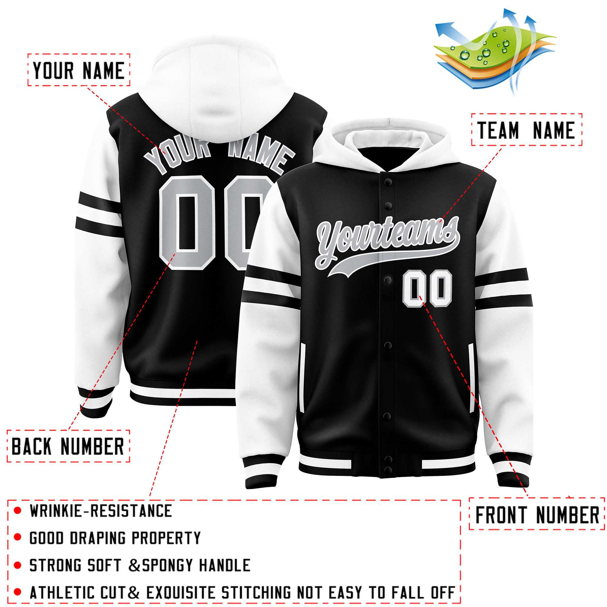 Custom Black White Raglan Sleeves Varsity Full-Snap Letterman Three Stripes Jacket Hoodie| KXKSHOP