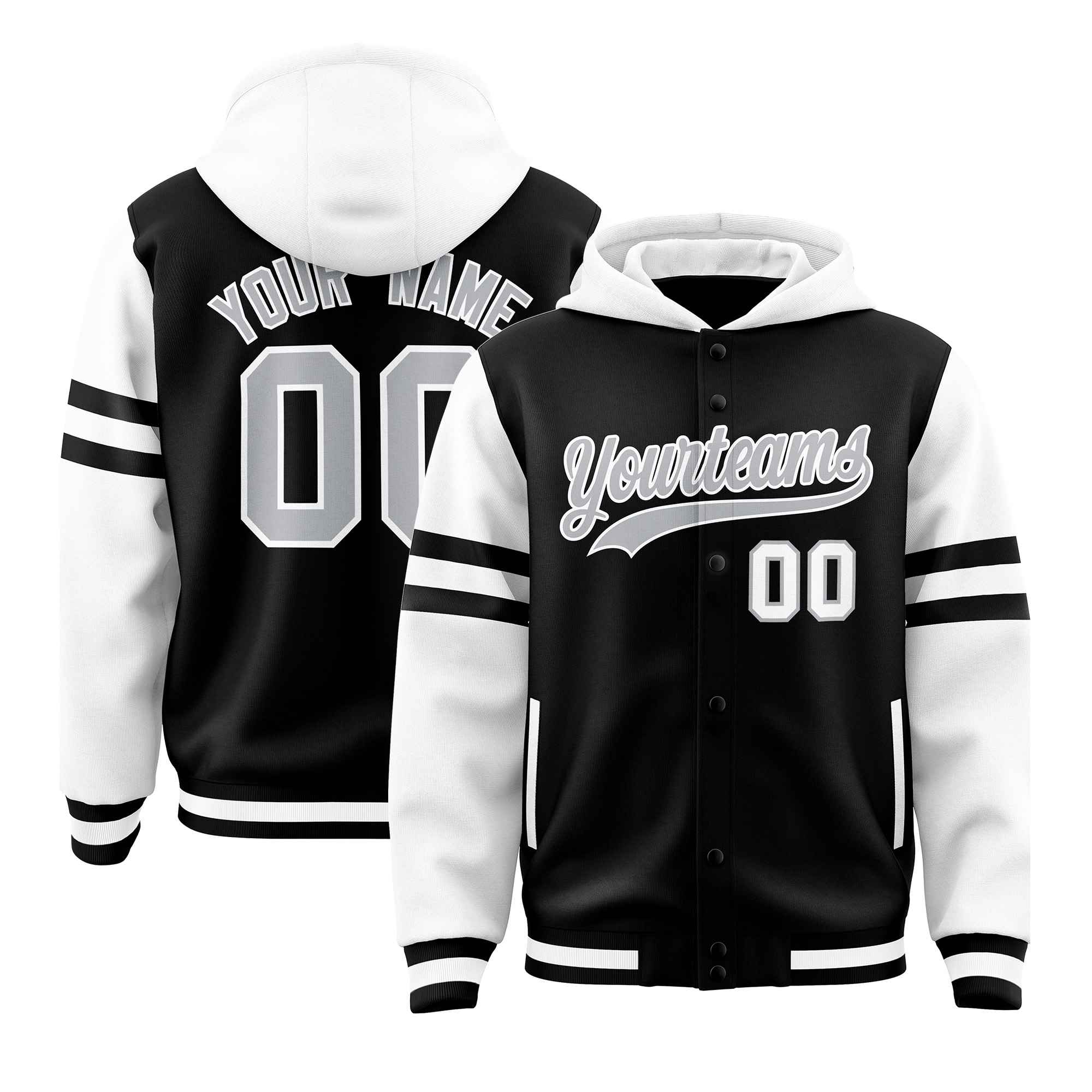 Custom Black White Raglan Sleeves Varsity Full-Snap Letterman Three Stripes Jacket Hoodie| KXKSHOP