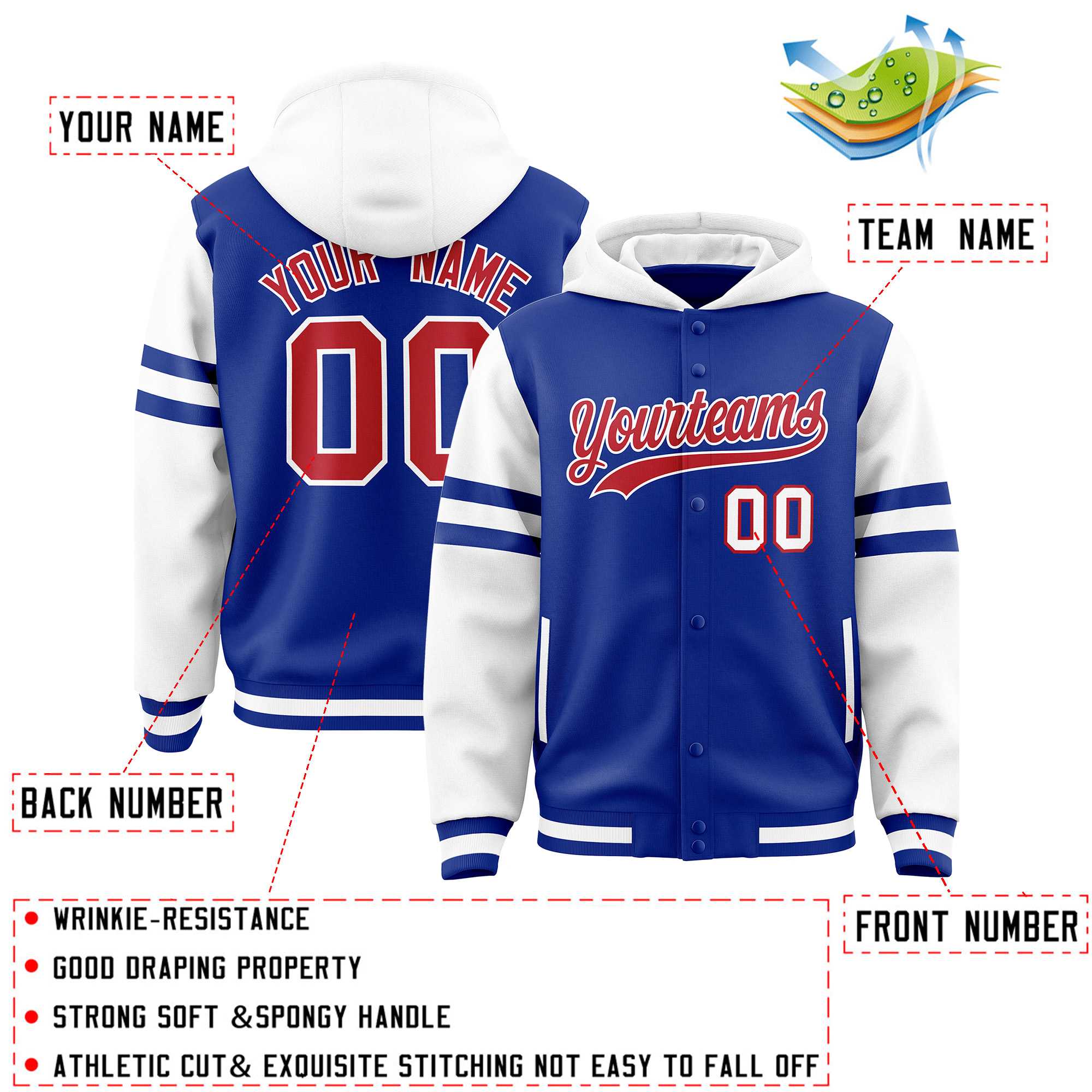 Custom Royal White Raglan Sleeves Varsity Full-Snap Letterman Three Stripes Jacket Hoodie| KXKSHOP
