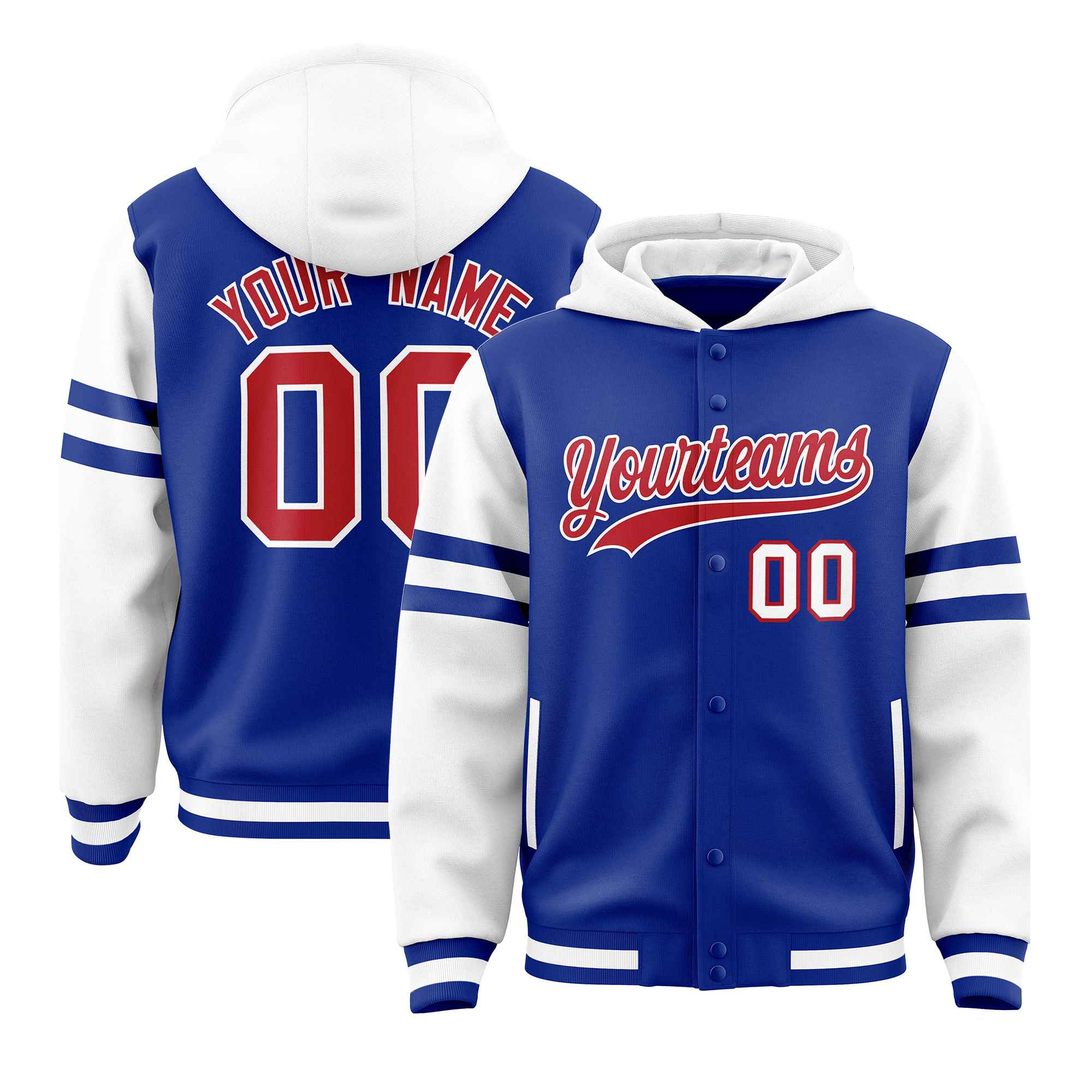 Custom Royal White Raglan Sleeves Varsity Full-Snap Letterman Three Stripes Jacket Hoodie| KXKSHOP