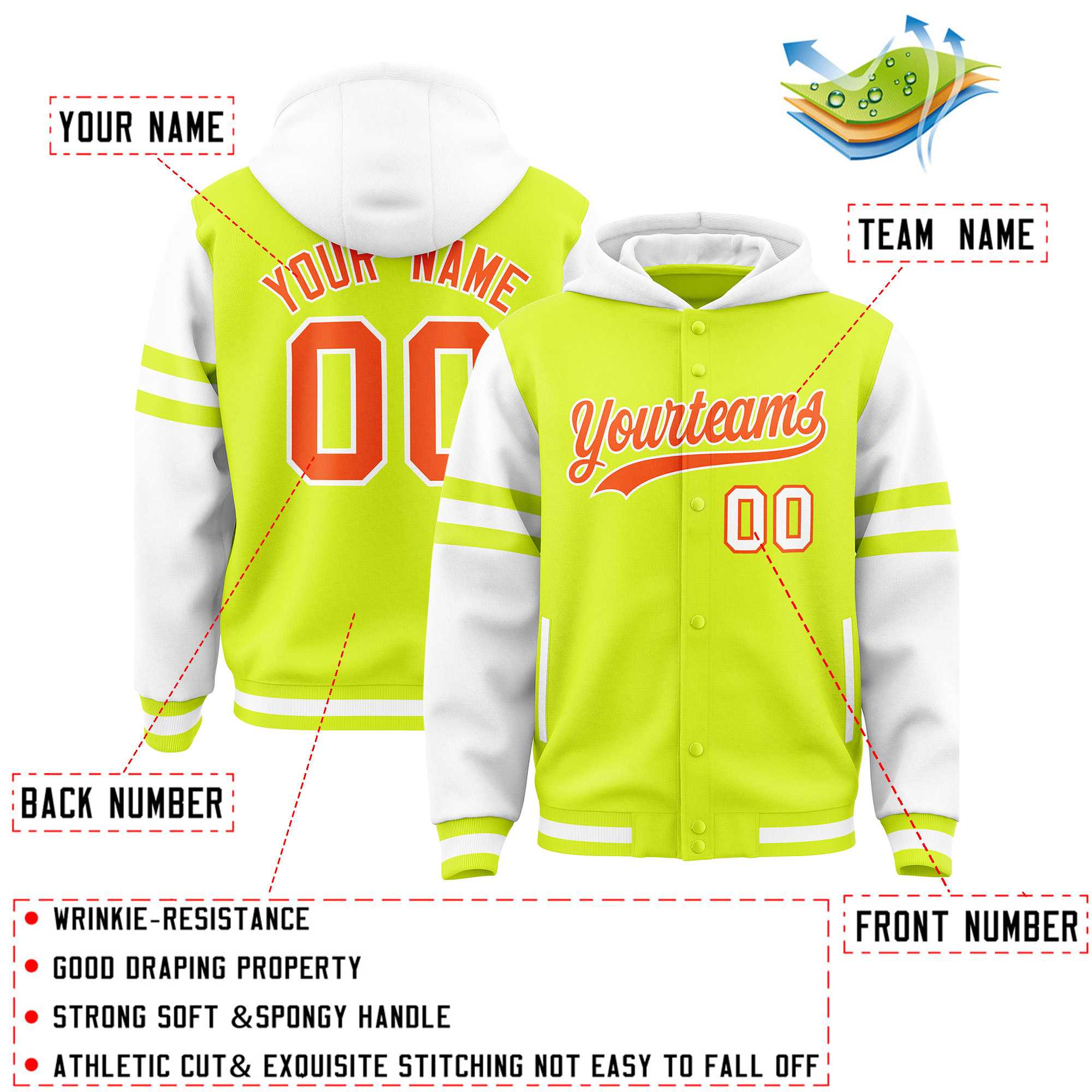 Custom Fluorescent Green White Raglan Sleeves Varsity Full-Snap Letterman Three Stripes Jacket Hoodie| KXKSHOP