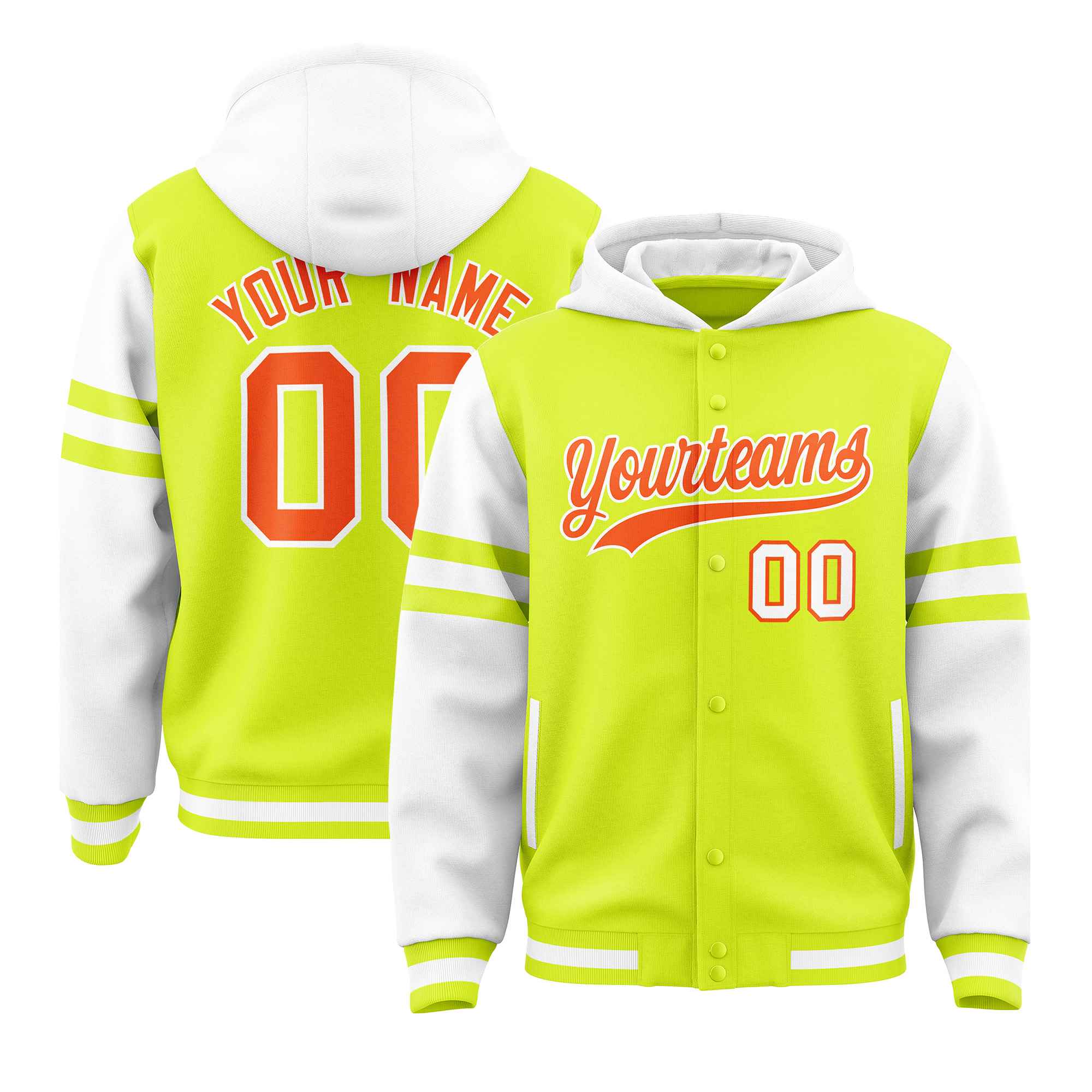 Custom Fluorescent Green White Raglan Sleeves Varsity Full-Snap Letterman Three Stripes Jacket Hoodie| KXKSHOP