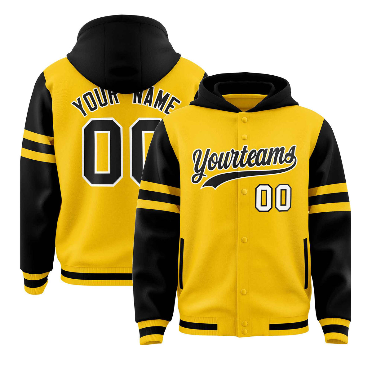 Custom Gold Black Raglan Sleeves Varsity Full-Snap Letterman Three Stripes Jacket Hoodie| KXKSHOP