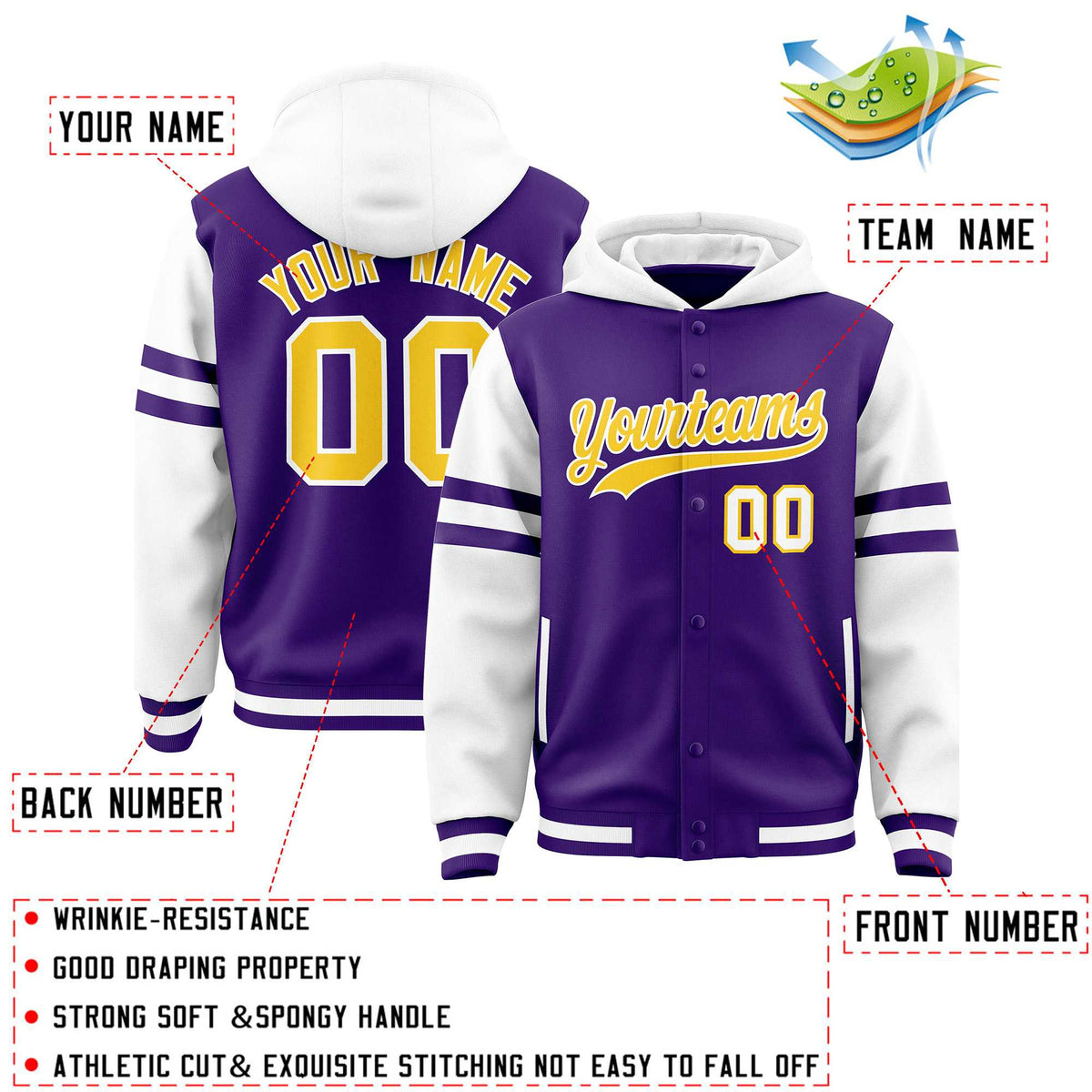 Custom Purple White Raglan Sleeves Varsity Full-Snap Letterman Three Stripes Jacket Hoodie| KXKSHOP