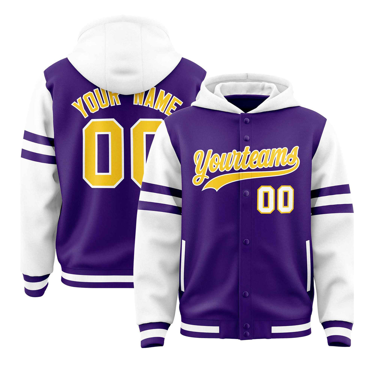 Custom Purple White Raglan Sleeves Varsity Full-Snap Letterman Three Stripes Jacket Hoodie| KXKSHOP
