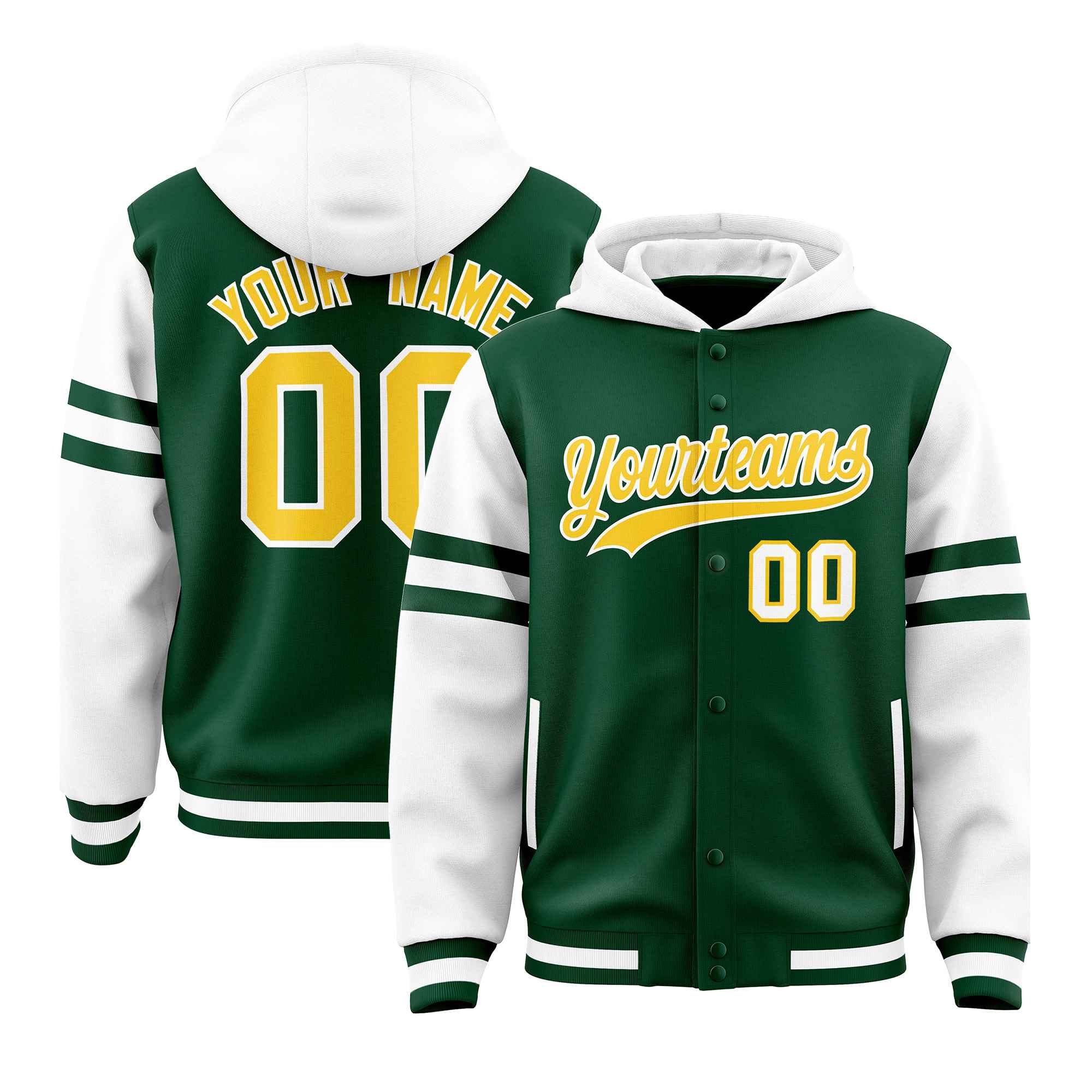 Custom Green White Raglan Sleeves Varsity Full-Snap Letterman Three Stripes Jacket Hoodie| KXKSHOP