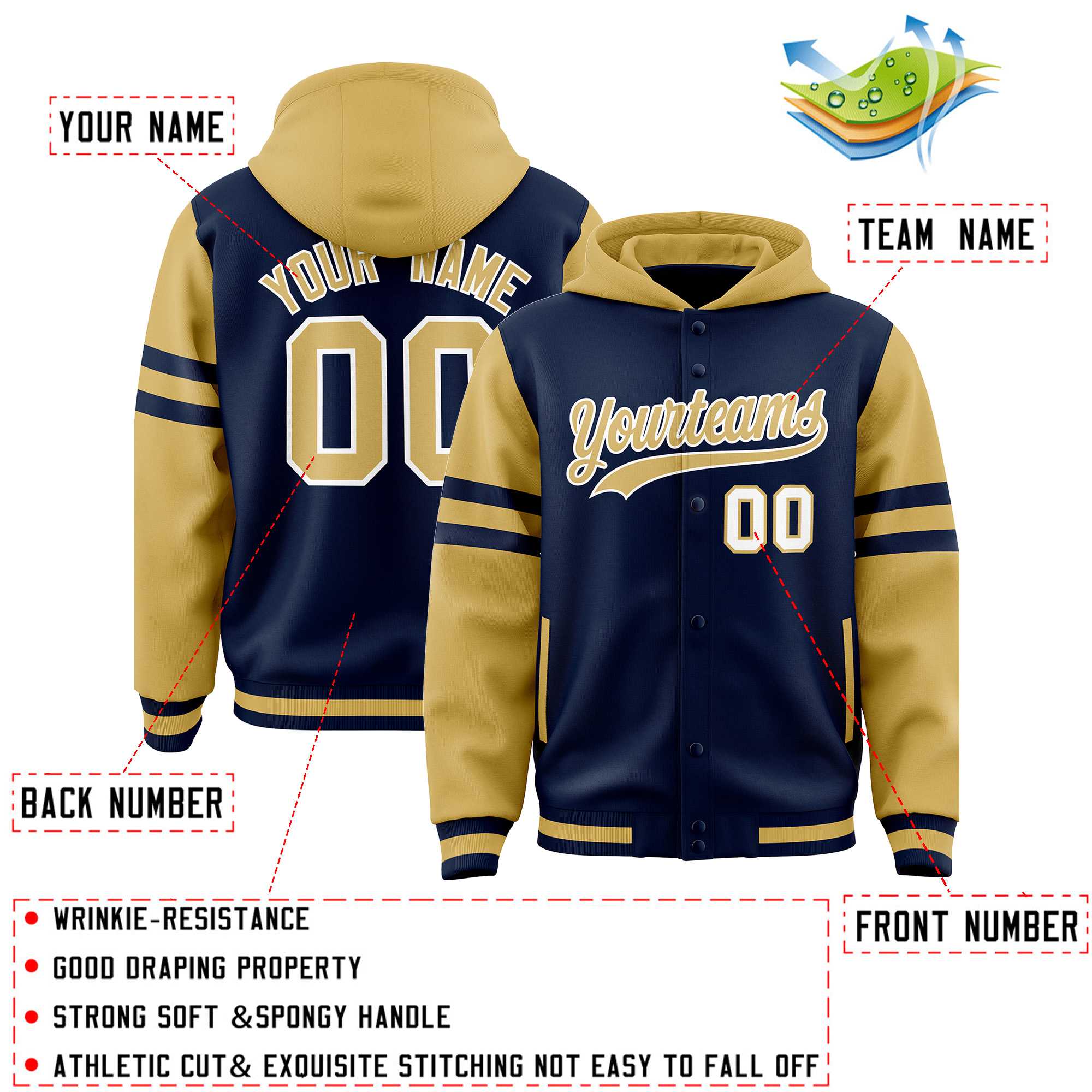 Custom Navy Old Gold Raglan Sleeves Varsity Full-Snap Letterman Three Stripes Jacket Hoodie| KXKSHOP