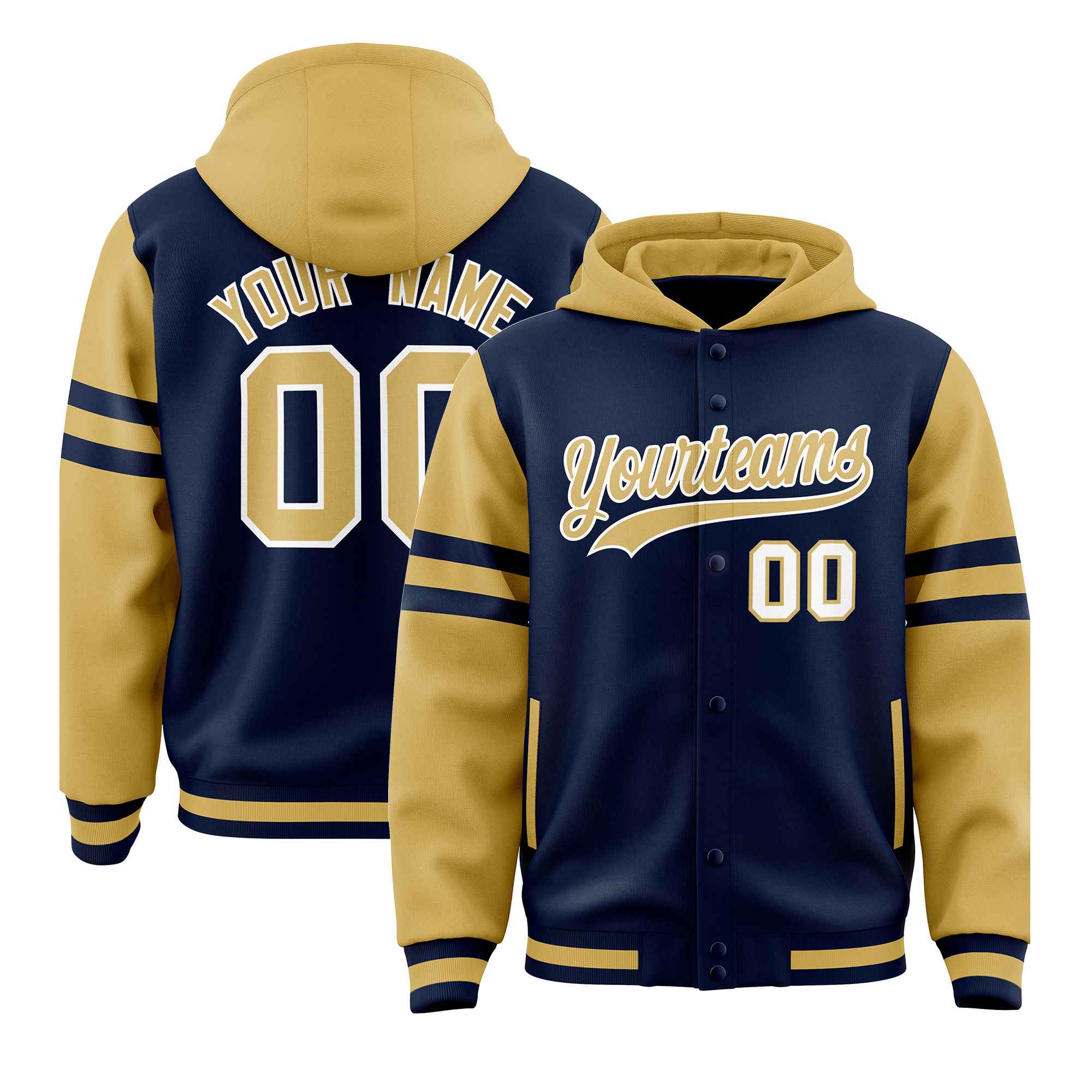 Custom Navy Old Gold Raglan Sleeves Varsity Full-Snap Letterman Three Stripes Jacket Hoodie| KXKSHOP