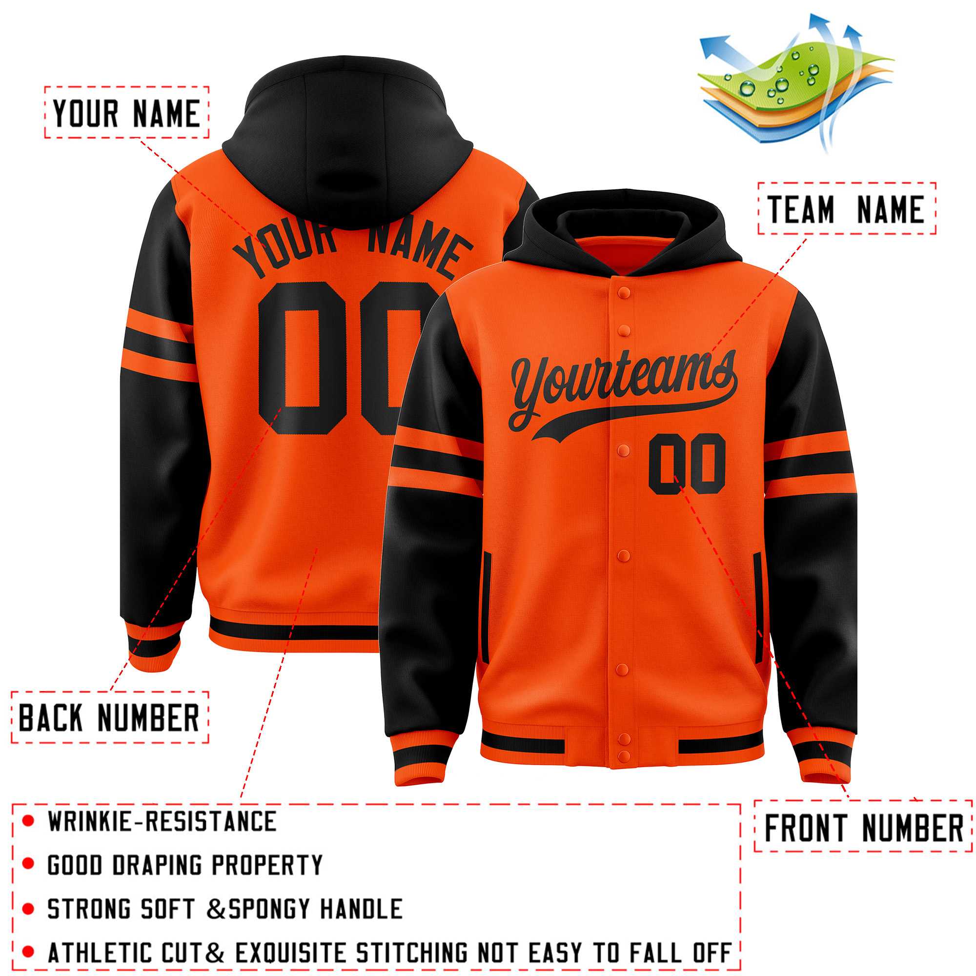Custom Orange Black Raglan Sleeves Varsity Full-Snap Letterman Three Stripes Jacket Hoodie| KXKSHOP