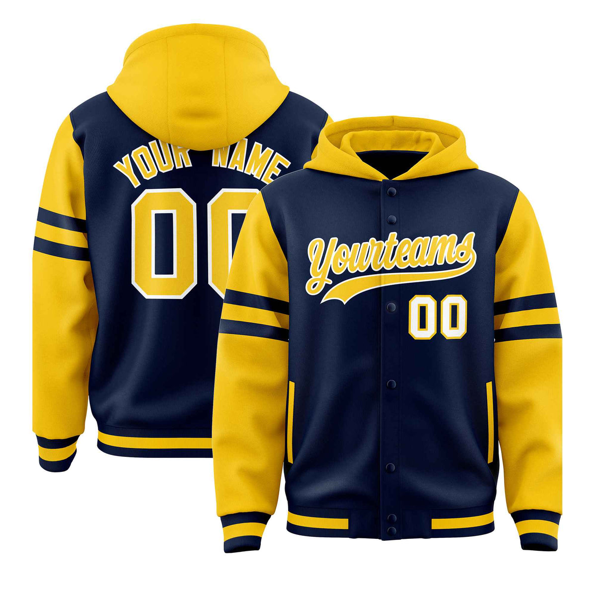 Custom Navy Gold Raglan Sleeves Varsity Full-Snap Letterman Three Stripes Jacket Hoodie| KXKSHOP