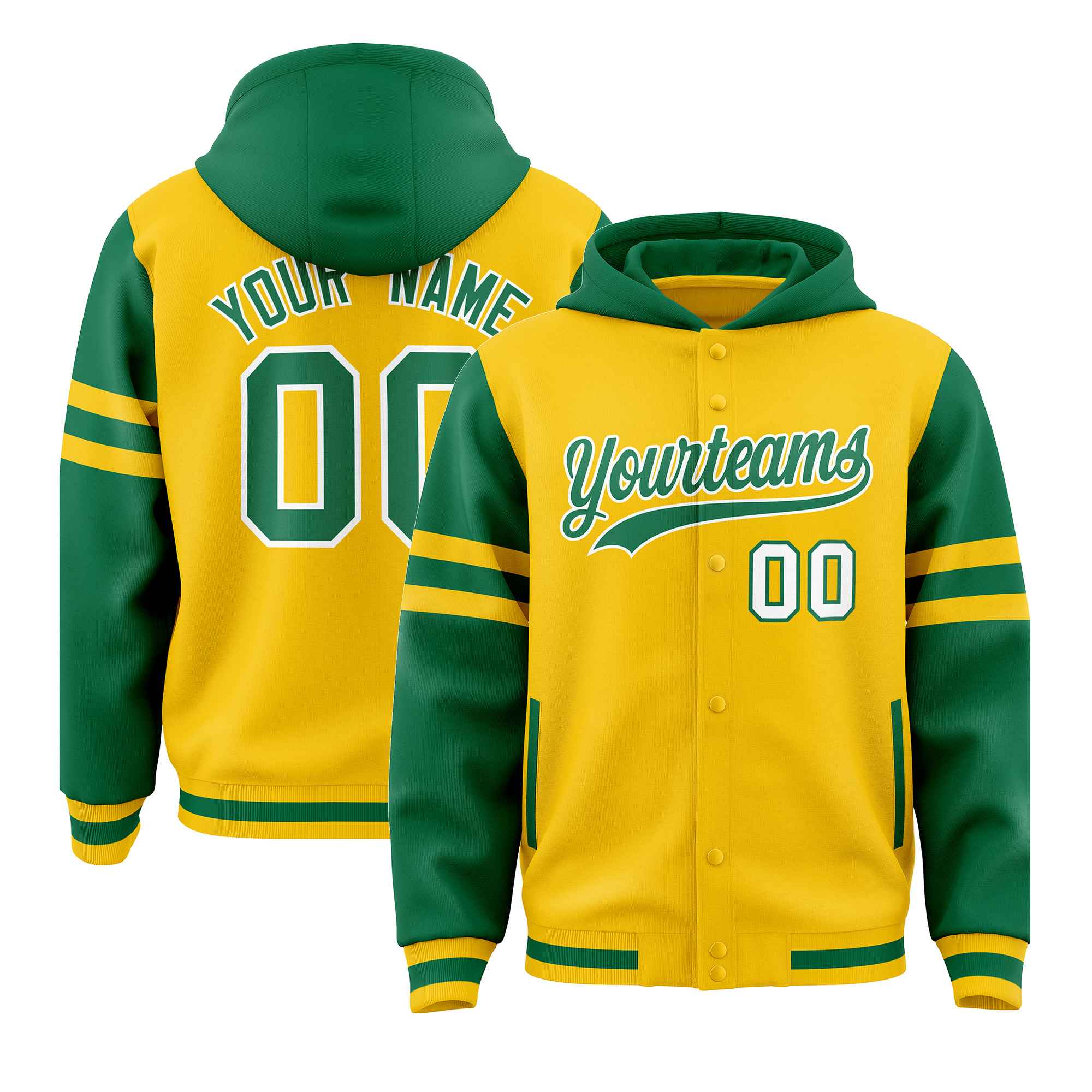 Custom Gold Kelly Green Raglan Sleeves Varsity Full-Snap Letterman Three Stripes Jacket Hoodie| KXKSHOP