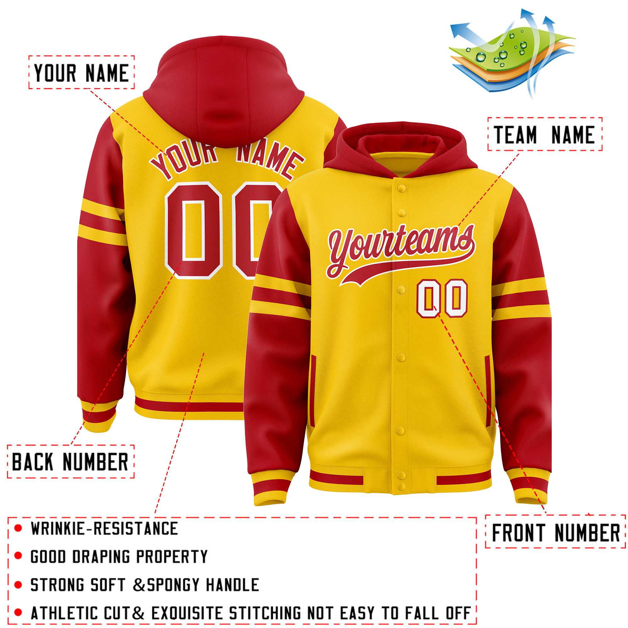 Custom Gold Red Raglan Sleeves Varsity Full-Snap Letterman Three Stripes Jacket Hoodie| KXKSHOP