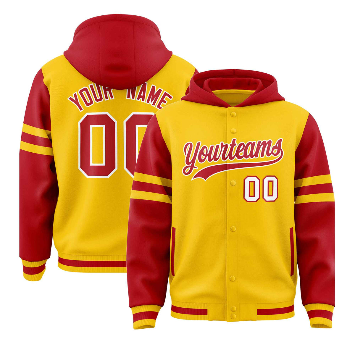 Custom Gold Red Raglan Sleeves Varsity Full-Snap Letterman Three Stripes Jacket Hoodie| KXKSHOP