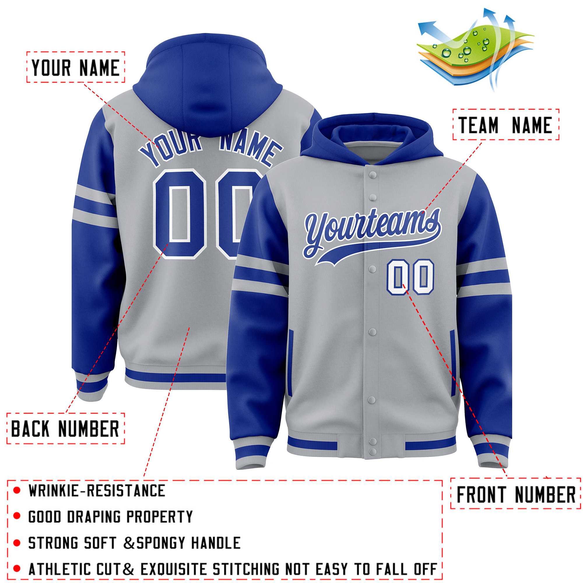 Custom Silver Royal Raglan Sleeves Varsity Full-Snap Letterman Three Stripes Jacket Hoodie| KXKSHOP
