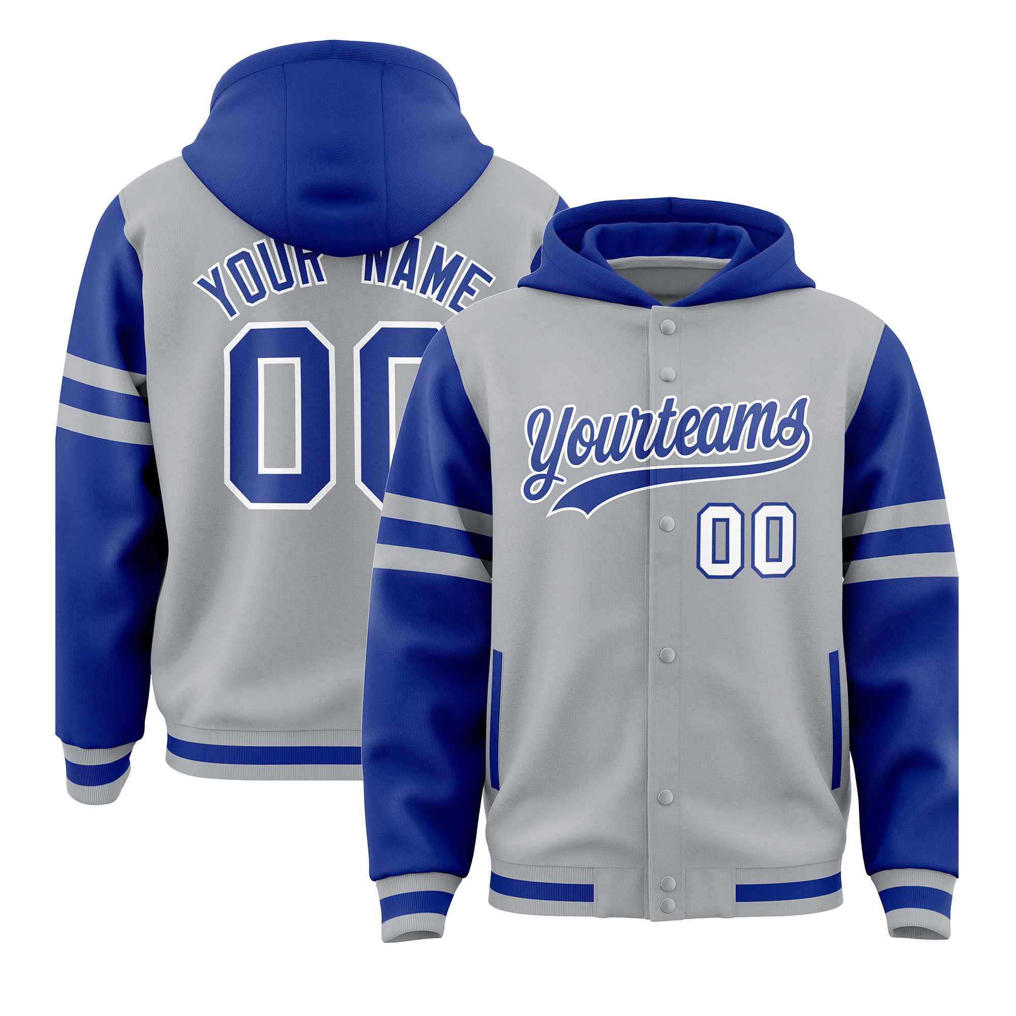 Custom Silver Royal Raglan Sleeves Varsity Full-Snap Letterman Three Stripes Jacket Hoodie| KXKSHOP