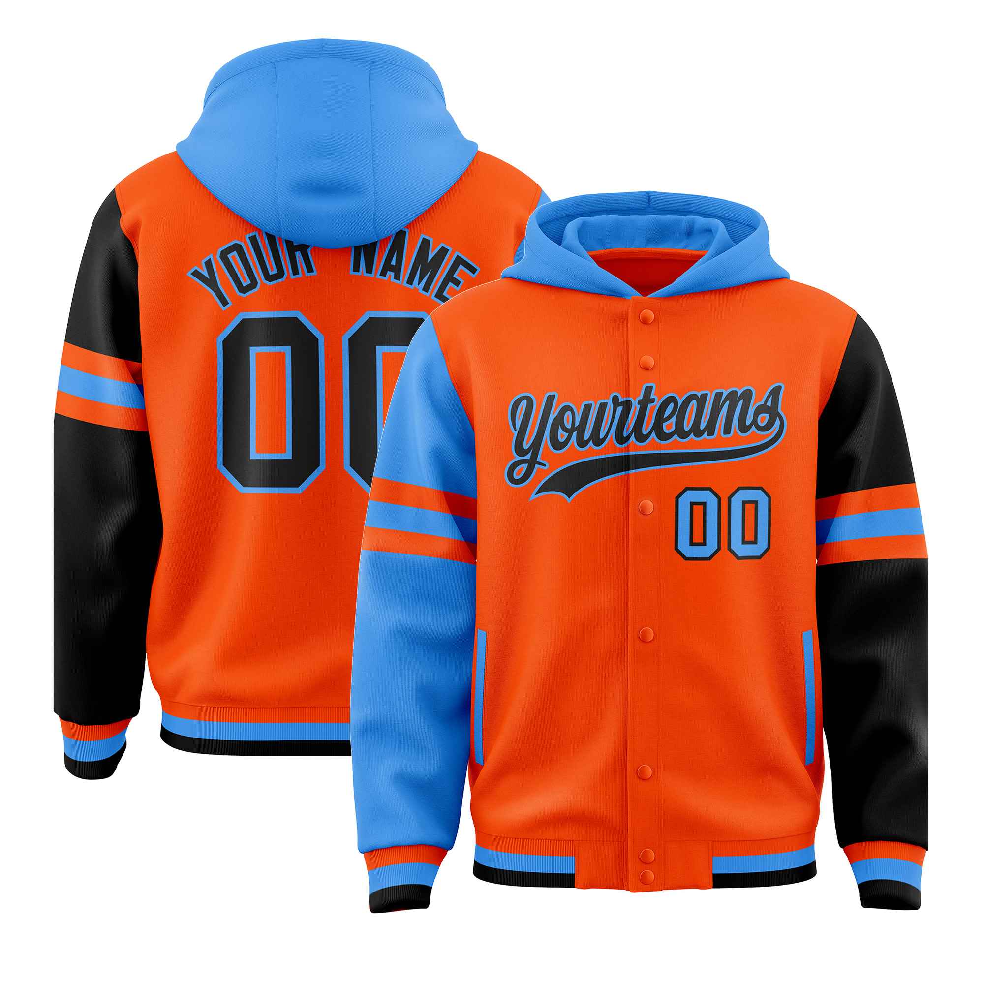 Custom Orange Powder Blue-Black Raglan Sleeves Varsity Full-Snap Letterman Three Stripes Jacket Hoodie| KXKSHOP