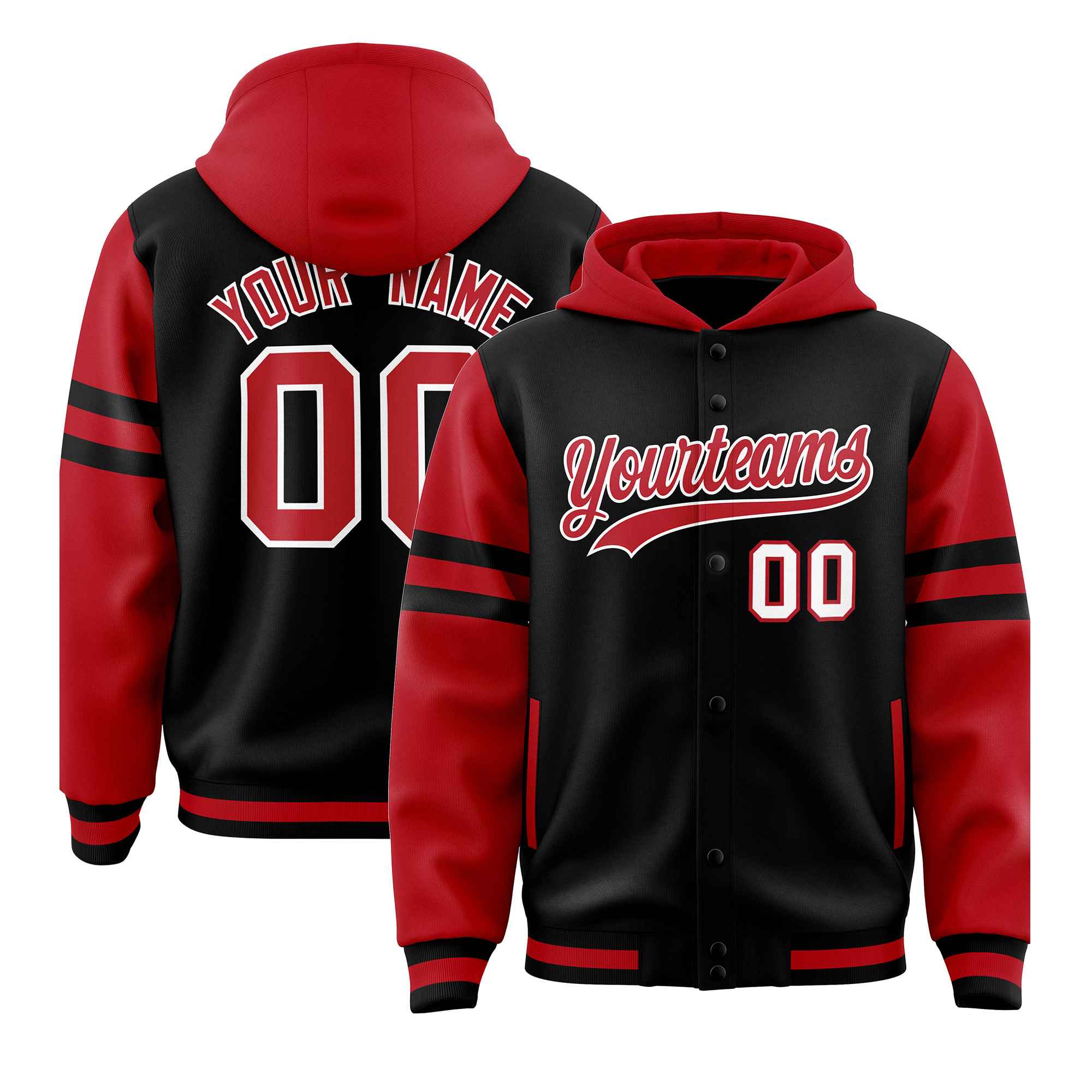 Custom Black Red Raglan Sleeves Varsity Full-Snap Letterman Three Stripes Jacket Hoodie| KXKSHOP