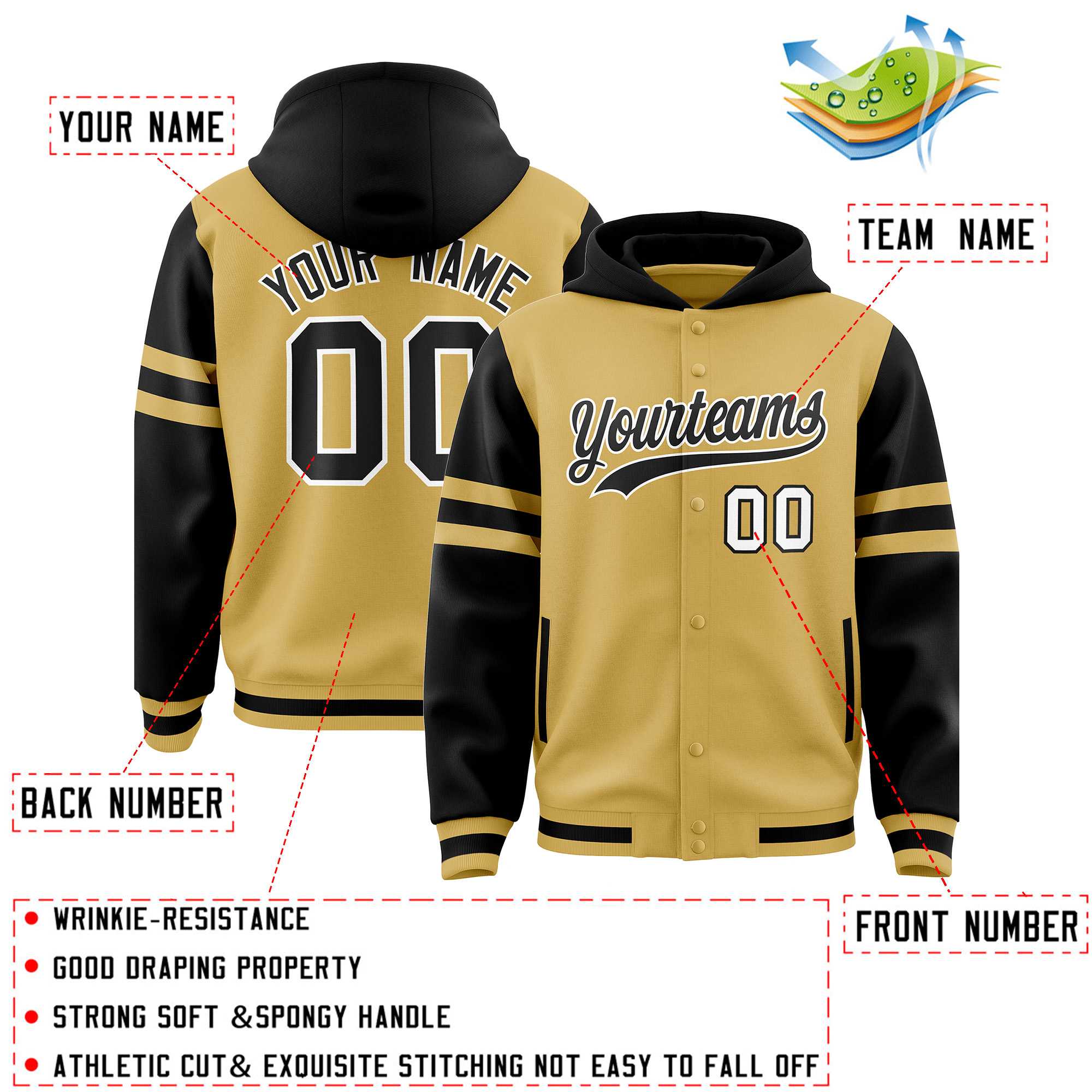 Custom Old Gold Black Raglan Sleeves Varsity Full-Snap Letterman Three Stripes Jacket Hoodie| KXKSHOP