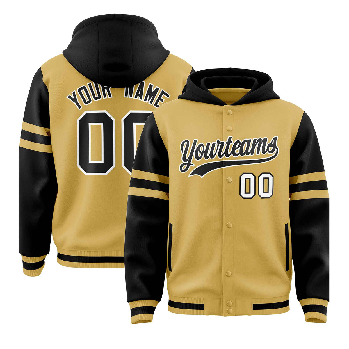 Custom Old Gold Black Raglan Sleeves Varsity Full-Snap Letterman Three Stripes Jacket Hoodie| KXKSHOP