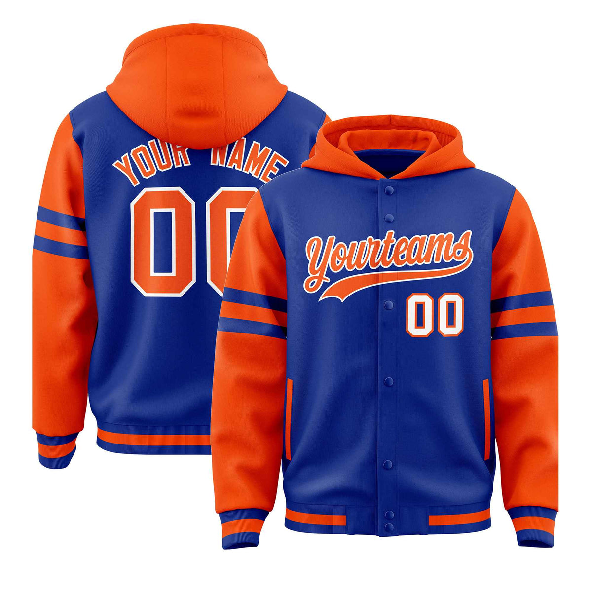 Custom Royal Orange Raglan Sleeves Varsity Full-Snap Letterman Three Stripes Jacket Hoodie| KXKSHOP