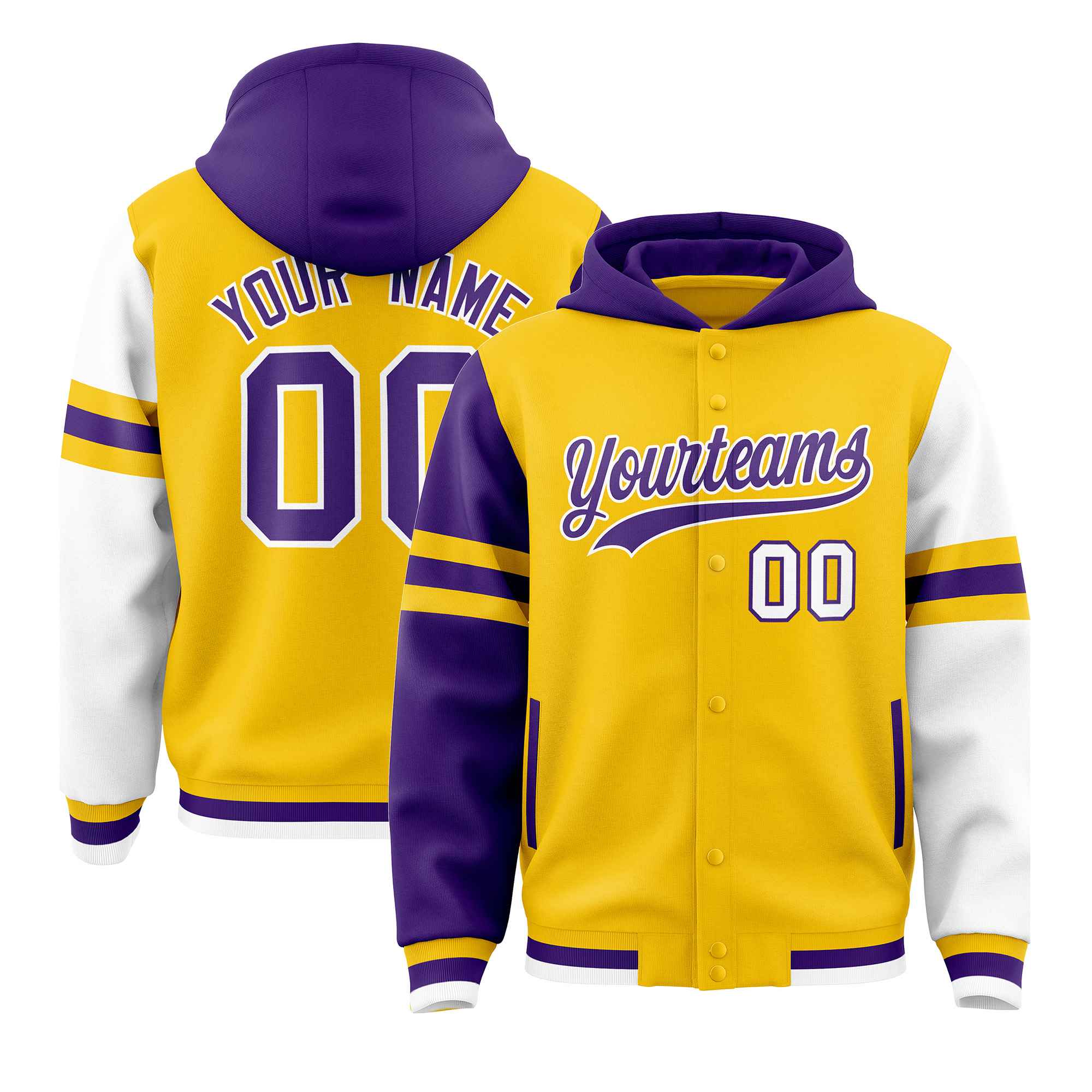 Custom Gold Purple-White Raglan Sleeves Varsity Full-Snap Letterman Three Stripes Jacket Hoodie| KXKSHOP