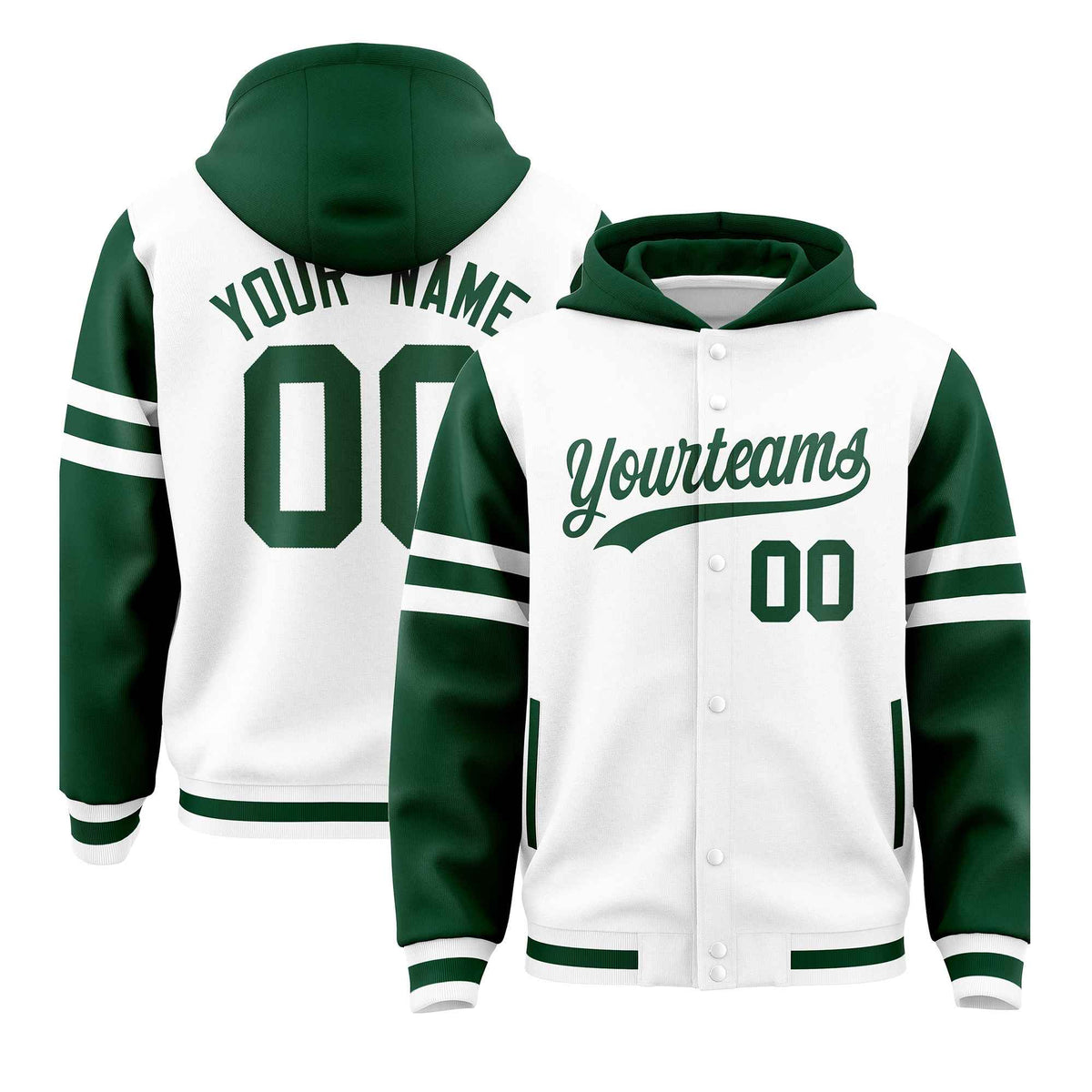 Custom White Green Raglan Sleeves Varsity Full-Snap Letterman Three Stripes Jacket Hoodie| KXKSHOP
