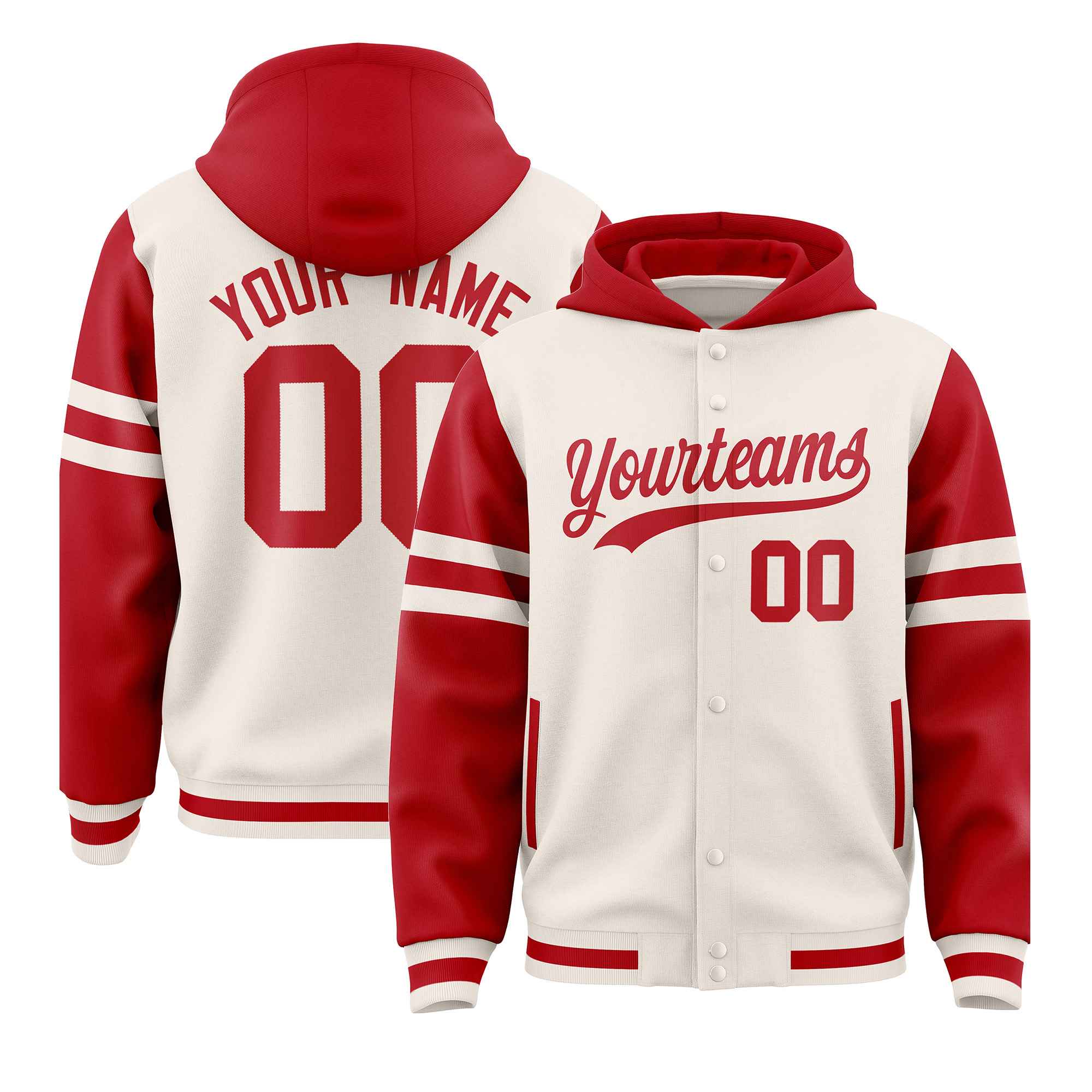 Custom Cream Red Raglan Sleeves Varsity Full-Snap Letterman Three Stripes Jacket Hoodie| KXKSHOP