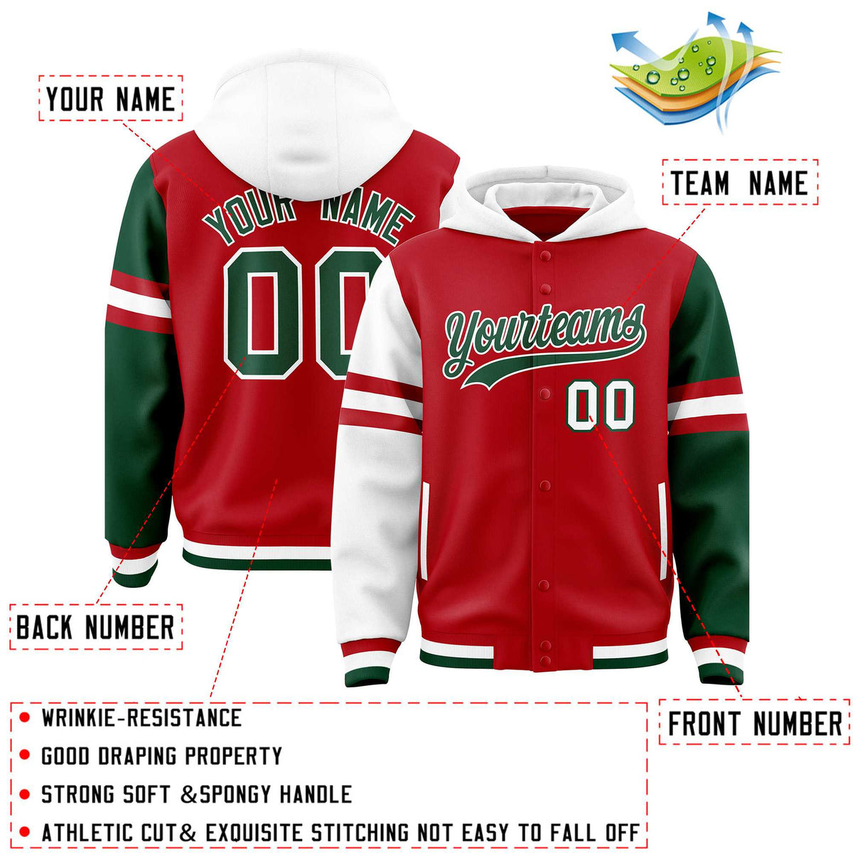 Custom Red White-Green Raglan Sleeves Varsity Full-Snap Letterman Three Stripes Jacket Hoodie| KXKSHOP