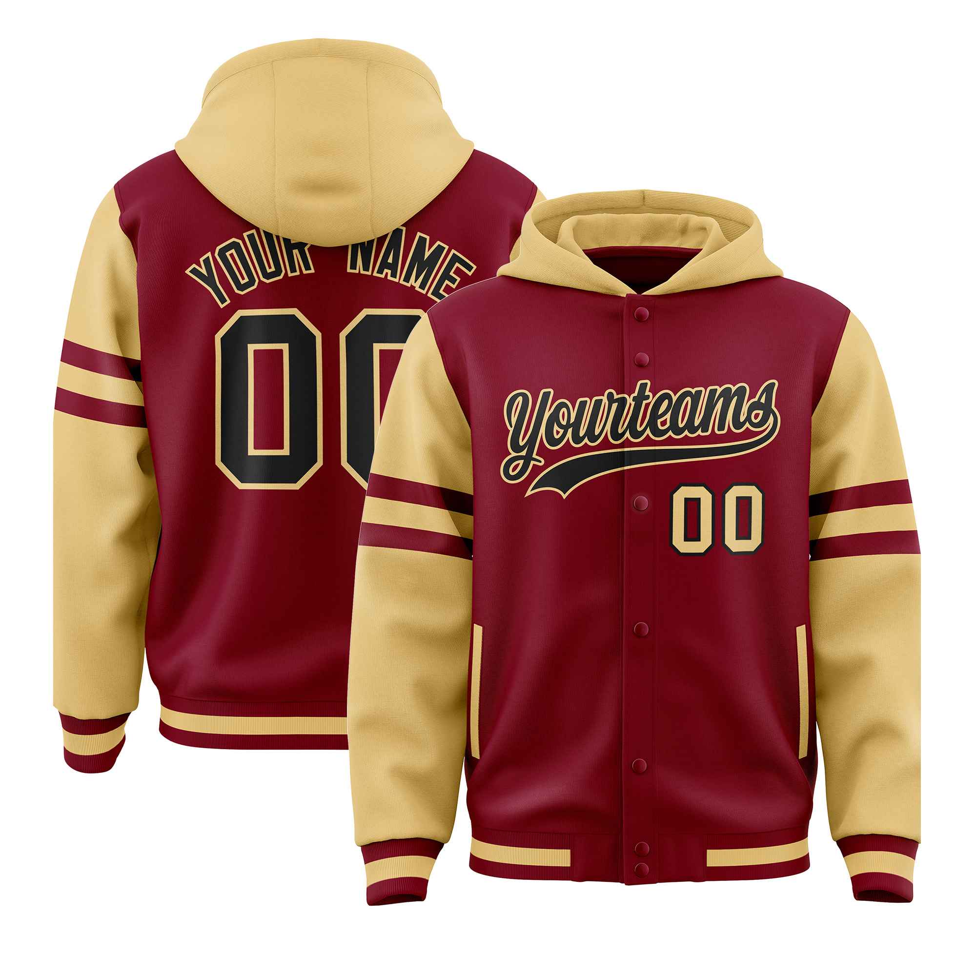 Custom Crimson Khaki Raglan Sleeves Varsity Full-Snap Letterman Three Stripes Jacket Hoodie| KXKSHOP
