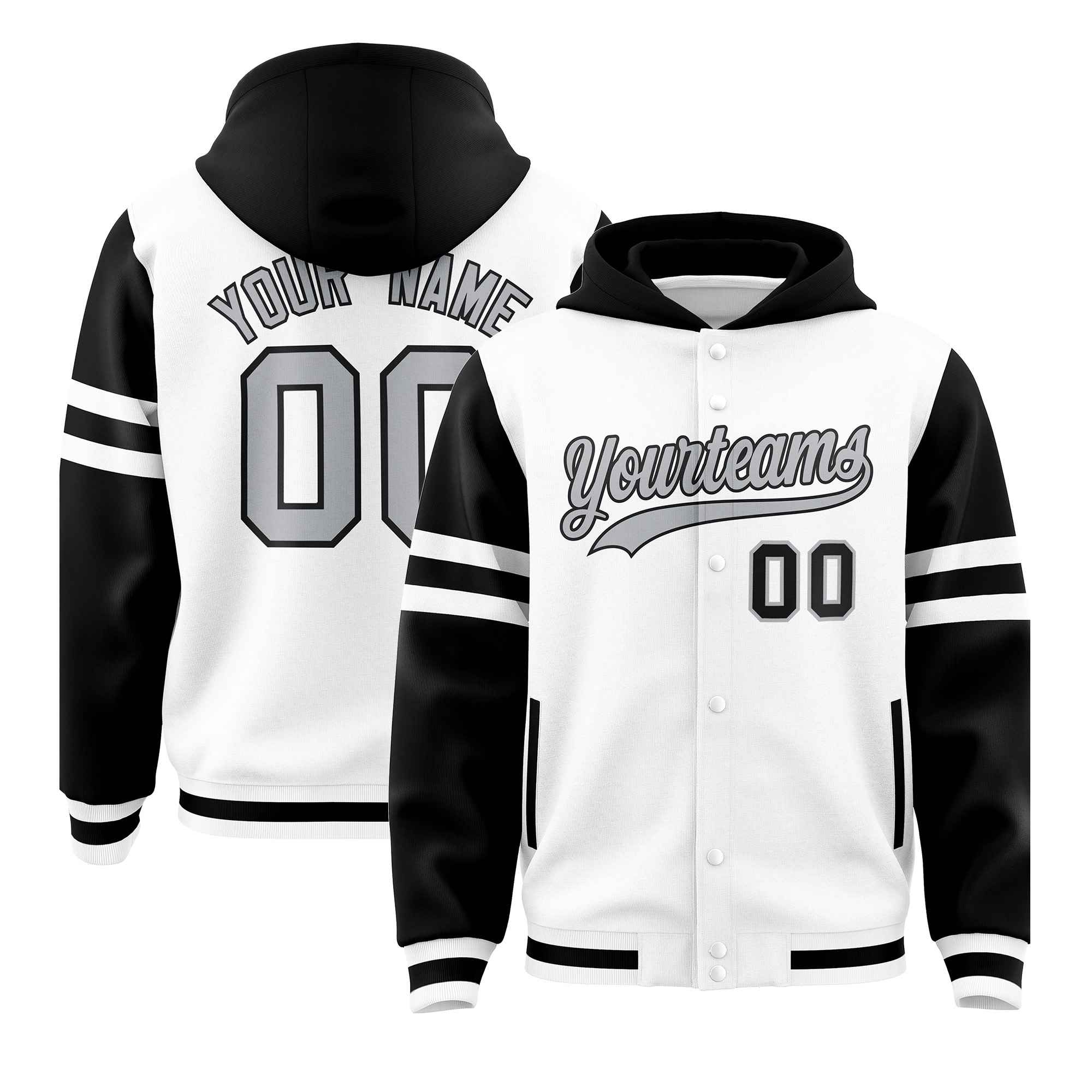 Custom White Black Raglan Sleeves Varsity Full-Snap Letterman Three Stripes Jacket Hoodie| KXKSHOP