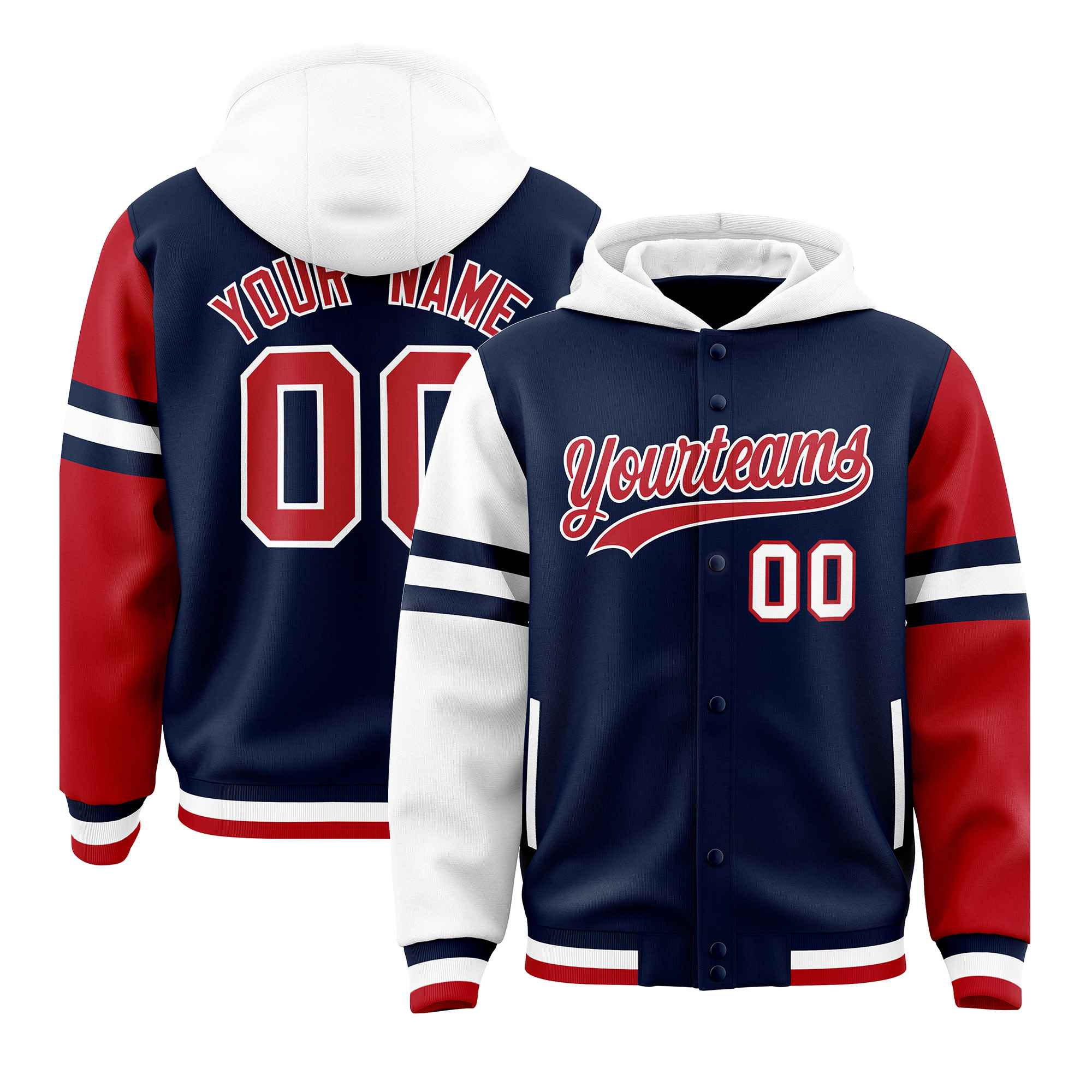 Custom Navy White-Red Raglan Sleeves Varsity Full-Snap Letterman Three Stripes Jacket Hoodie| KXKSHOP