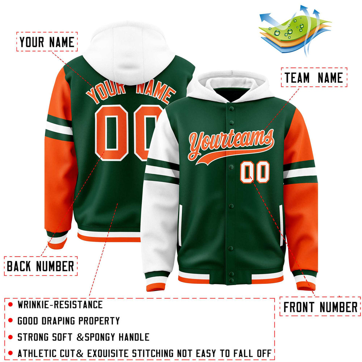 Custom Green White-Orange Raglan Sleeves Varsity Full-Snap Letterman Three Stripes Jacket Hoodie| KXKSHOP