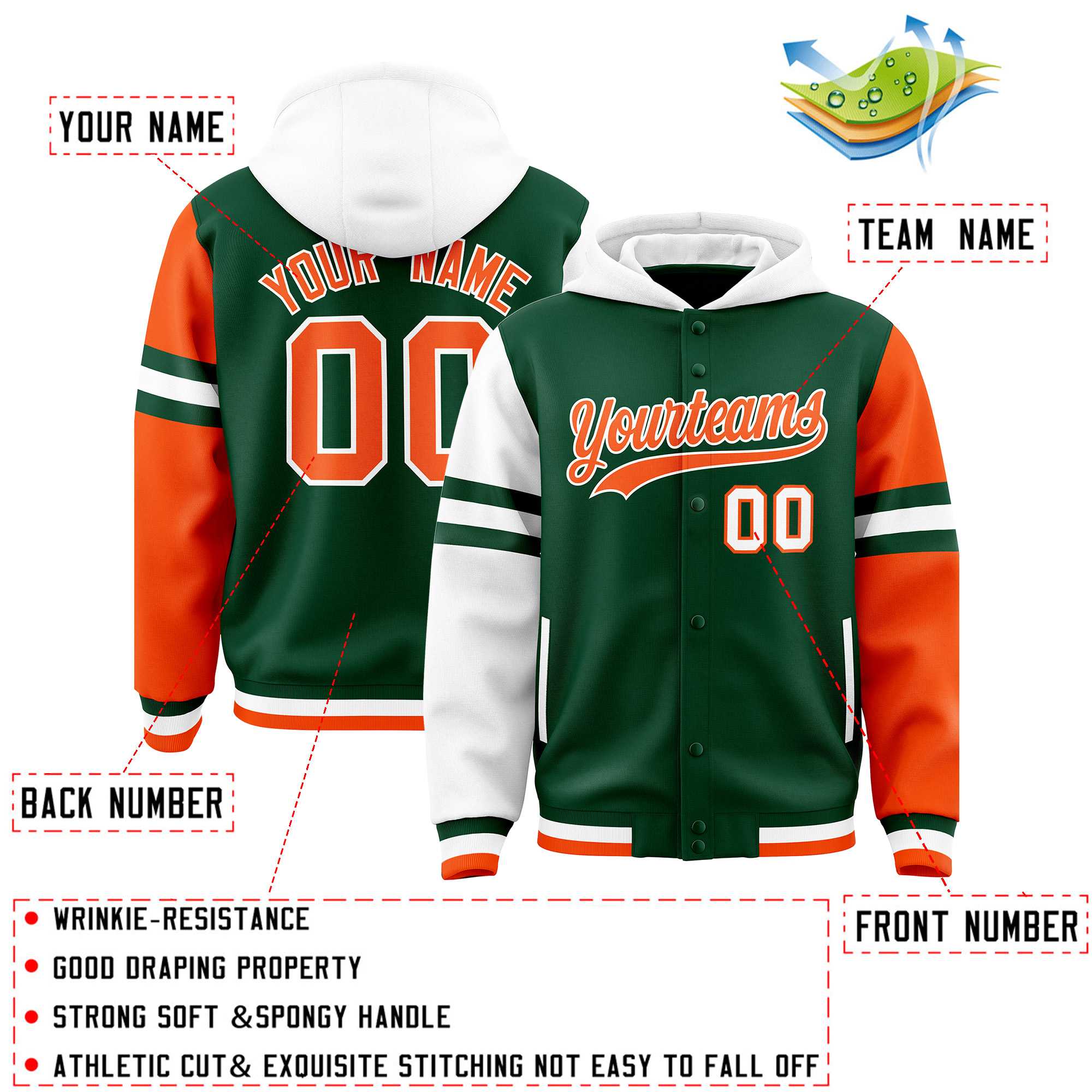 Custom Green White-Orange Raglan Sleeves Varsity Full-Snap Letterman Three Stripes Jacket Hoodie| KXKSHOP