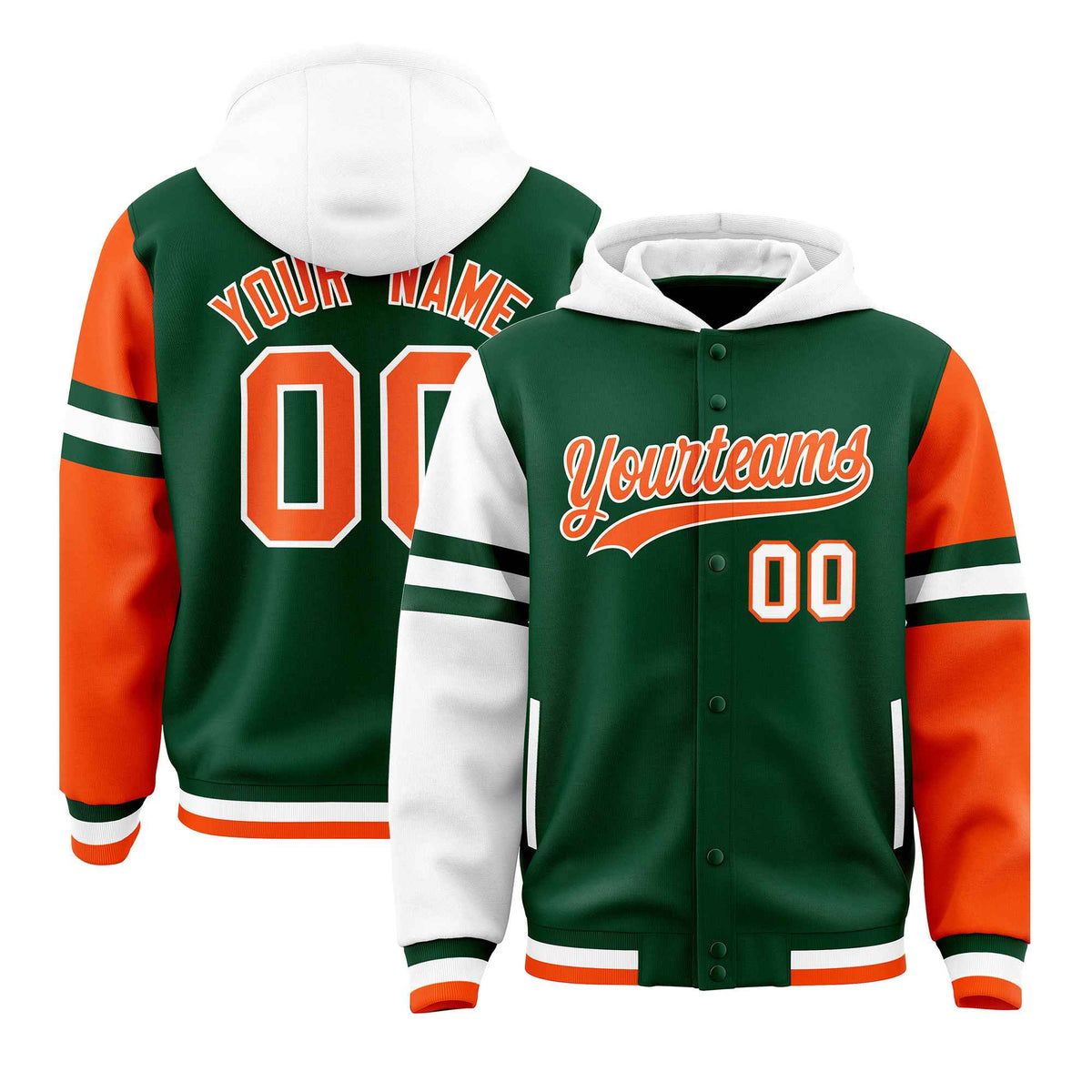 Custom Green White-Orange Raglan Sleeves Varsity Full-Snap Letterman Three Stripes Jacket Hoodie| KXKSHOP