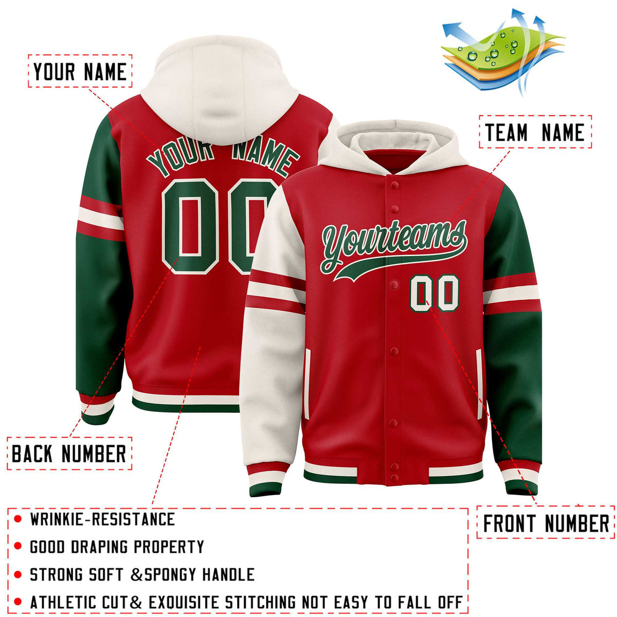Custom Red Cream-Green Raglan Sleeves Varsity Full-Snap Letterman Three Stripes Jacket Hoodie| KXKSHOP
