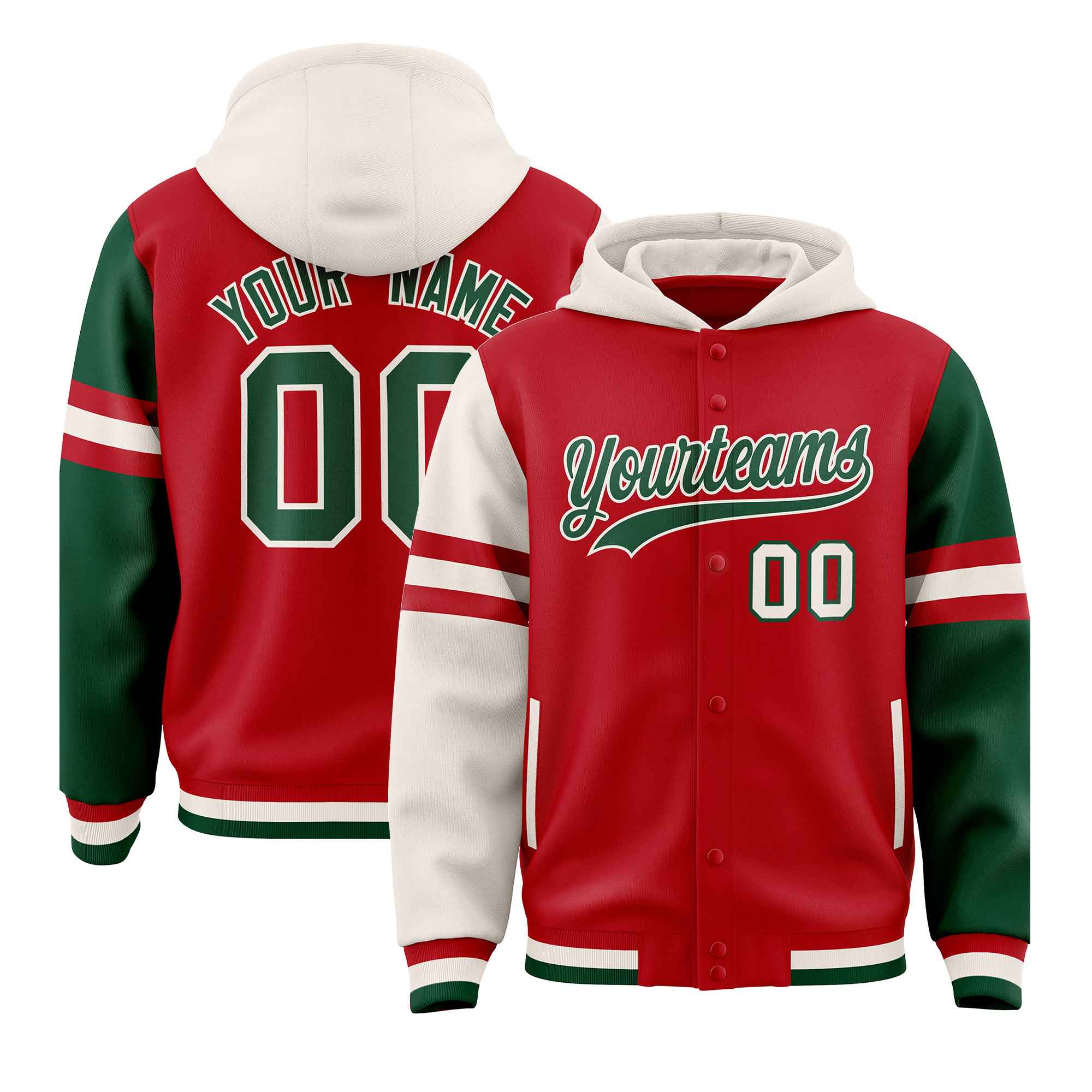 Custom Red Cream-Green Raglan Sleeves Varsity Full-Snap Letterman Three Stripes Jacket Hoodie| KXKSHOP