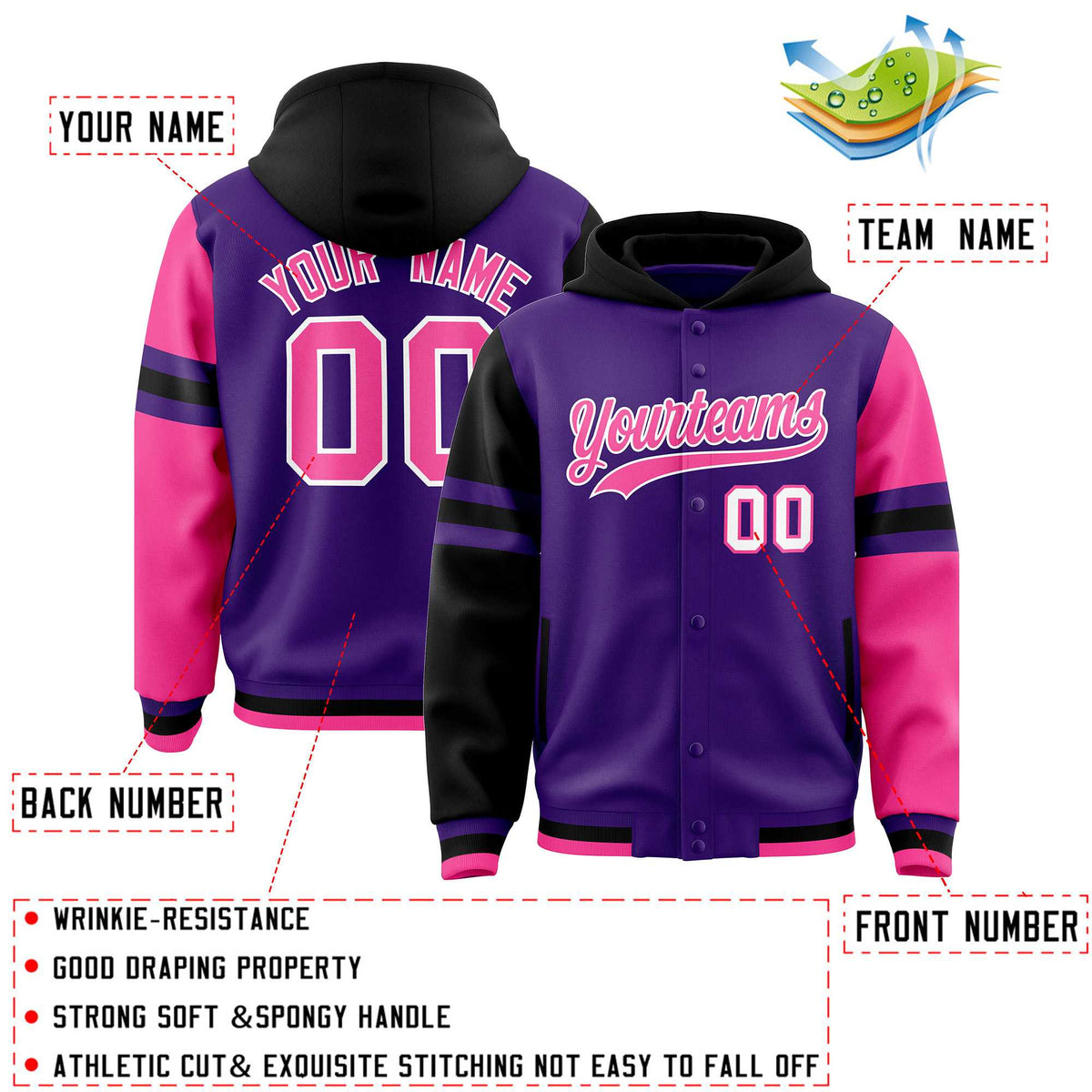 Custom Purple Black-Pink Raglan Sleeves Varsity Full-Snap Letterman Three Stripes Jacket Hoodie| KXKSHOP