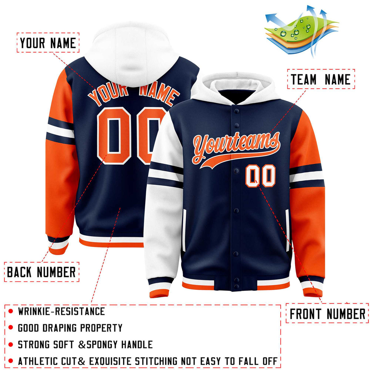 Custom Navy White-Orange Raglan Sleeves Varsity Full-Snap Letterman Three Stripes Jacket Hoodie| KXKSHOP